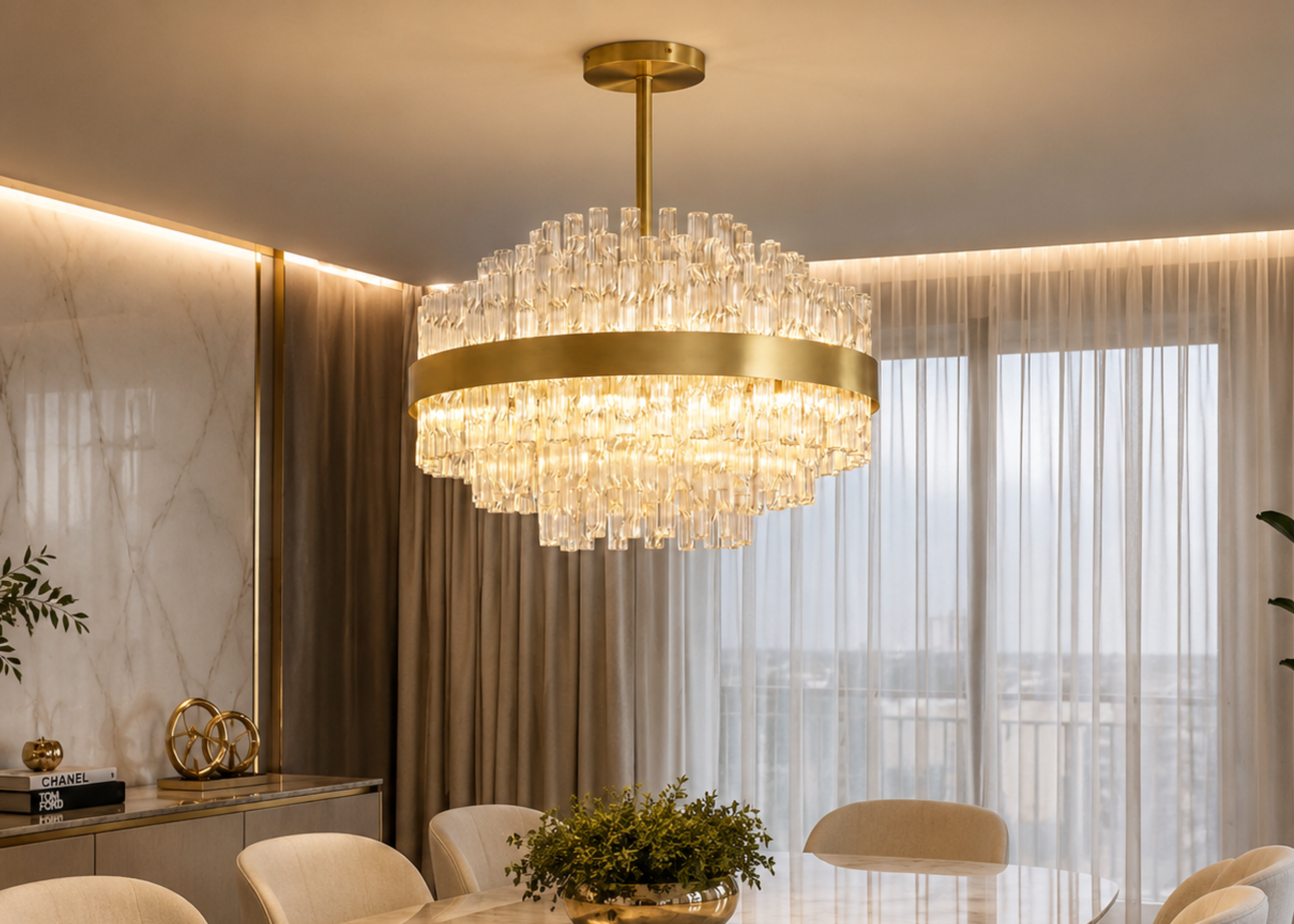 Pendente modelo 5127 com estrutura em metal dourado e vidro cilíndrico, ideal para compor ambientes contemporâneos e refinados.