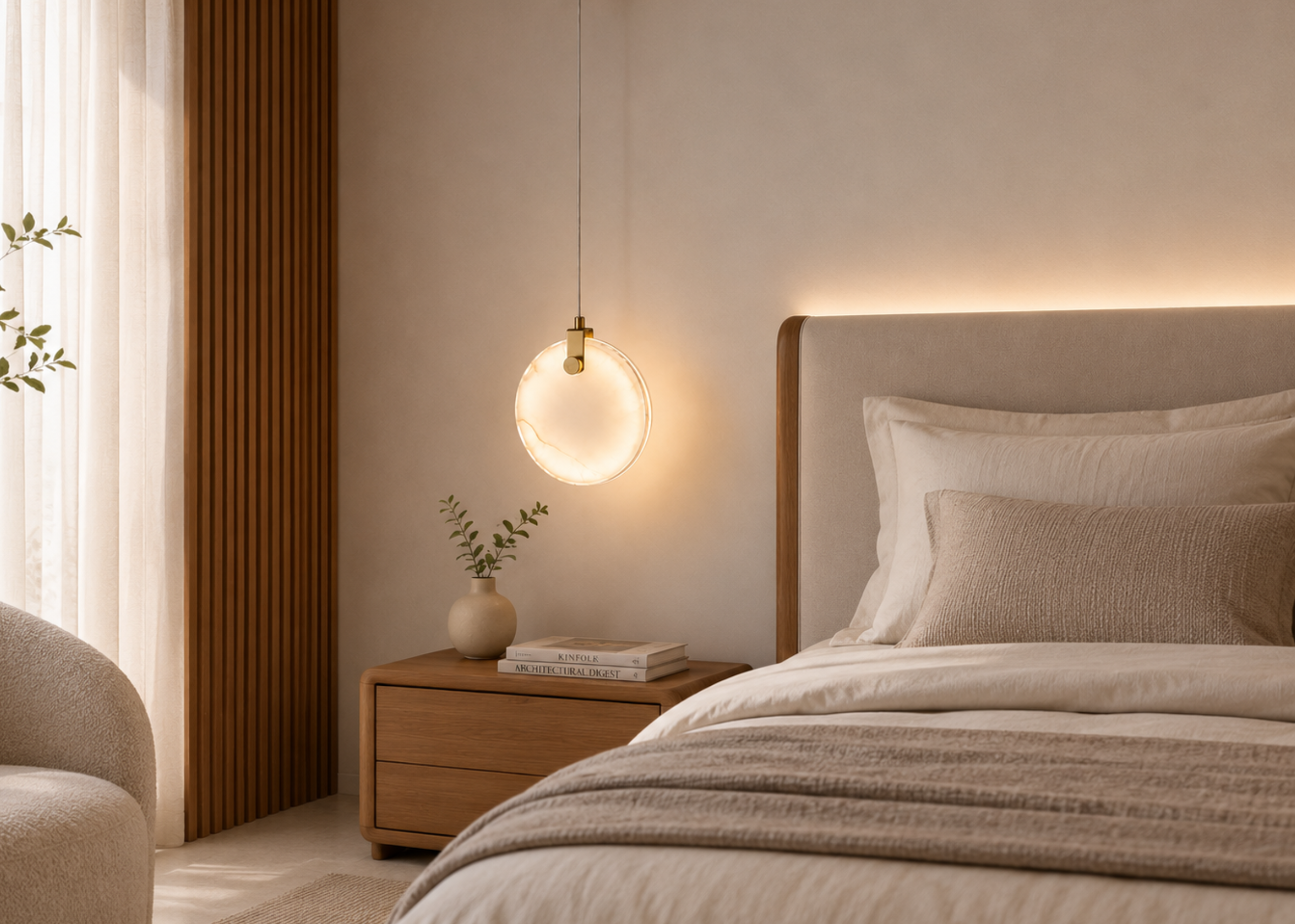 Pendente em alabastro modelo 5135 com estrutura em metal dourado, ideal para compor ambientes contemporâneos e refinados.