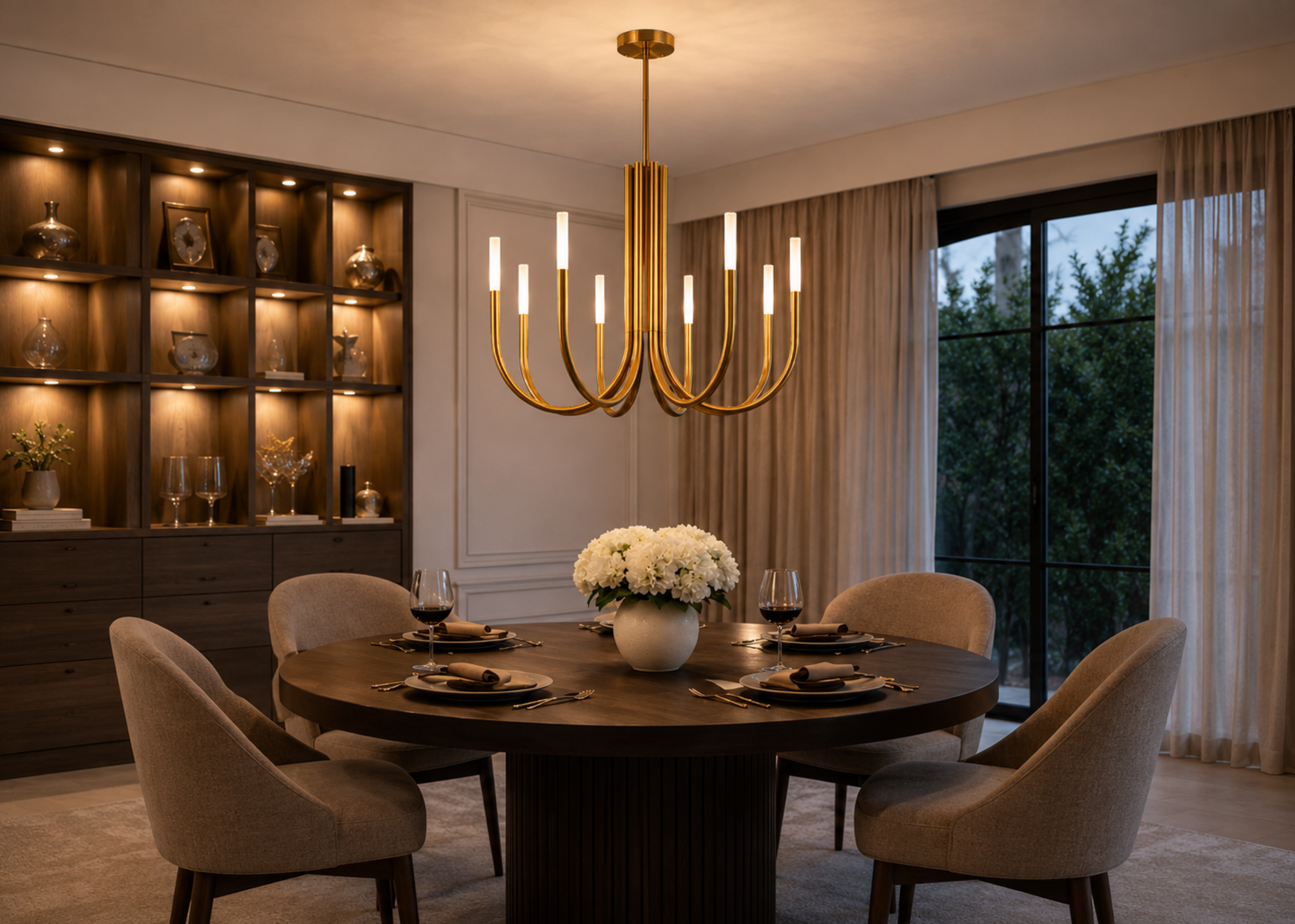 Pendente 5139 com design moderno, estrutura em metal dourado e difusores em acrílico, proporcionando iluminação elegante para diversos ambientes.