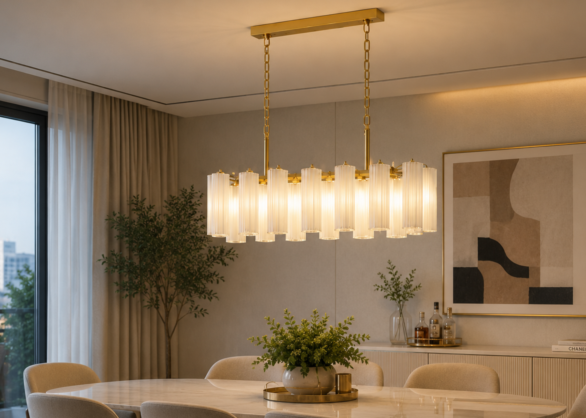 Pendente 5149 em metal dourado com vidro transparente, apresentando design refinado e iluminação decorativa para diversos ambientes.