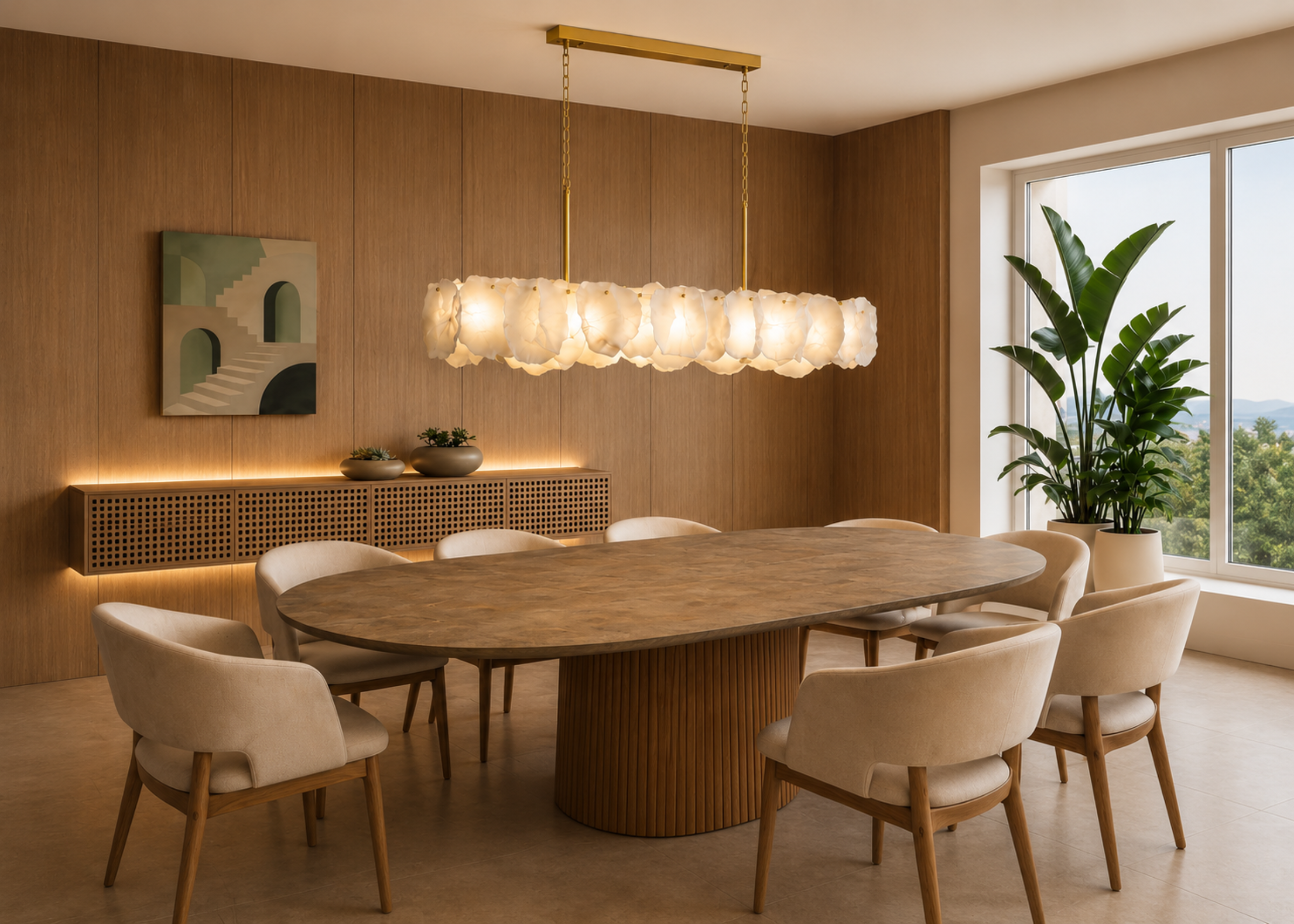Pendente 5153 com design contemporâneo em alabastro, ideal para compor ambientes modernos com elegância e requinte.