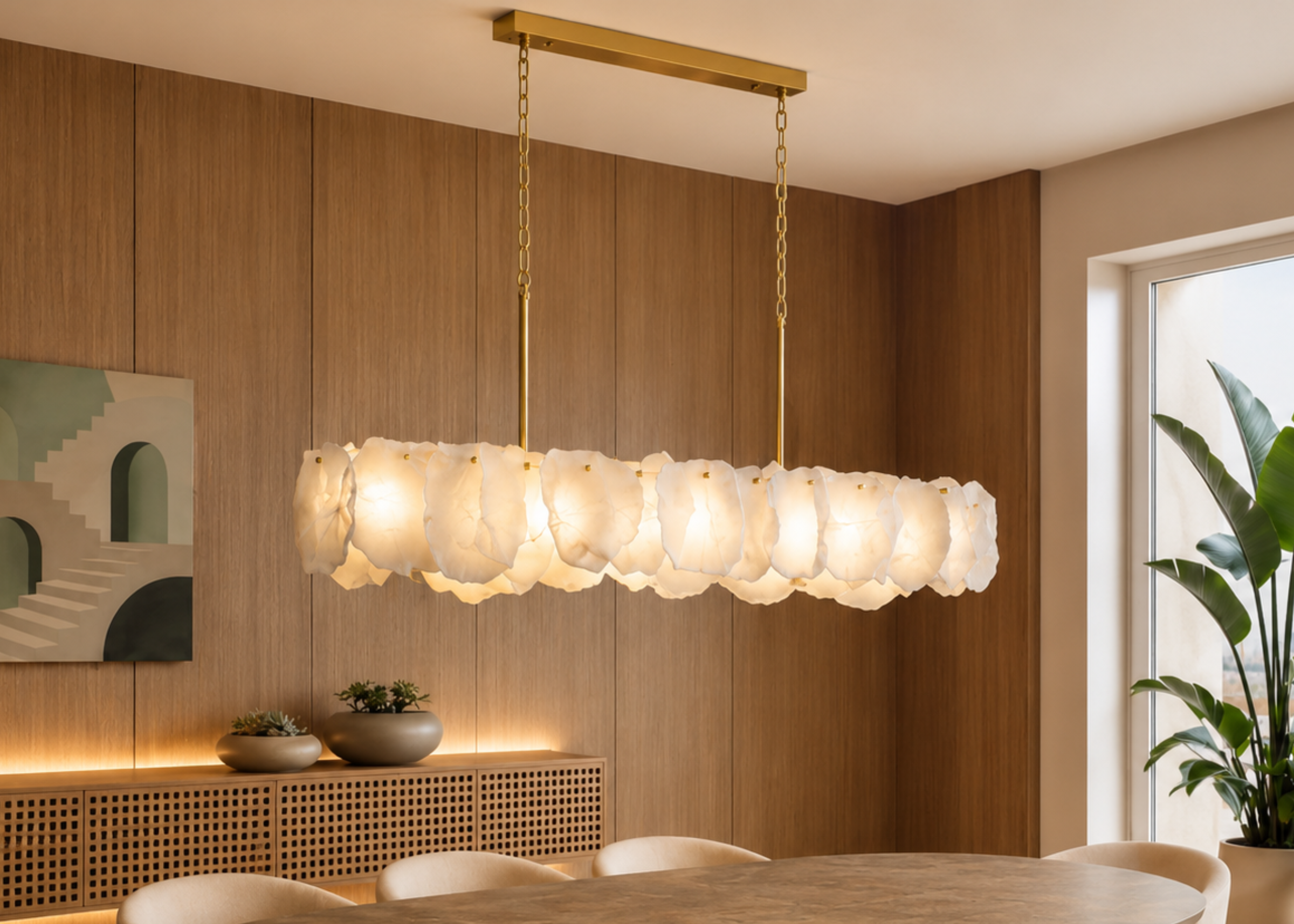 Pendente 5153 com design moderno, estrutura em metal dourado e alabastro, proporcionando iluminação elegante para diversos ambientes.
