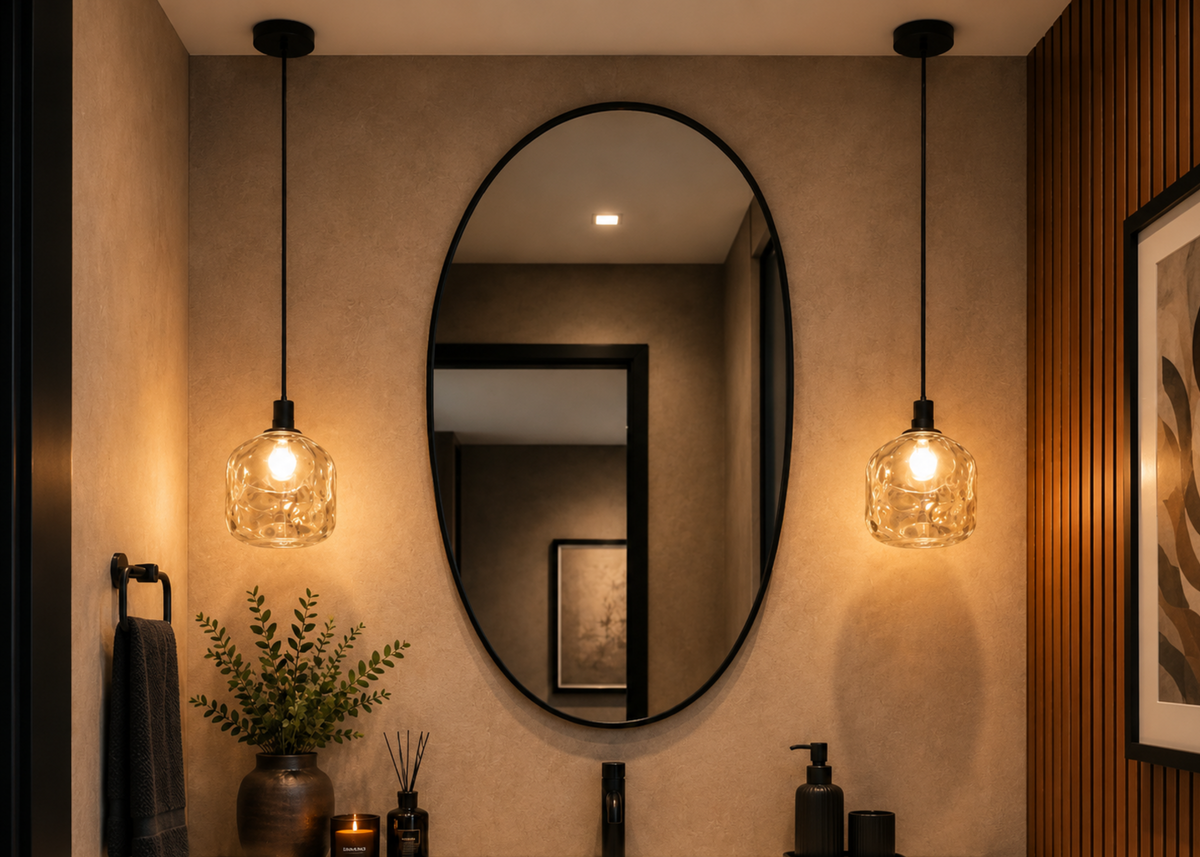 Pendente 5157 em metal preto com difusor em vidro âmbar, apresentando design elegante e iluminação decorativa para diversos ambientes.