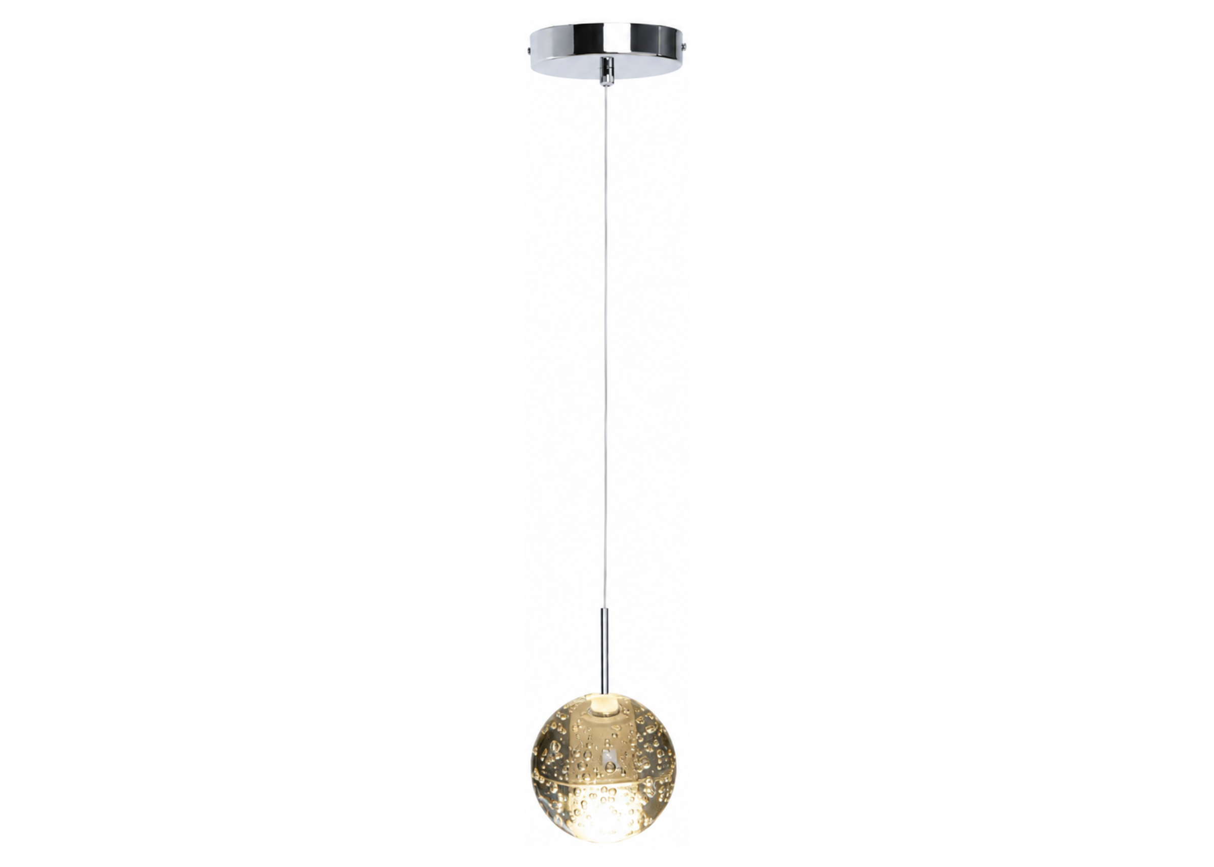 Pendente 1028 com estrutura em metal cromado e globo em cristal, apresentando design elegante e sofisticado para ambientes modernos.