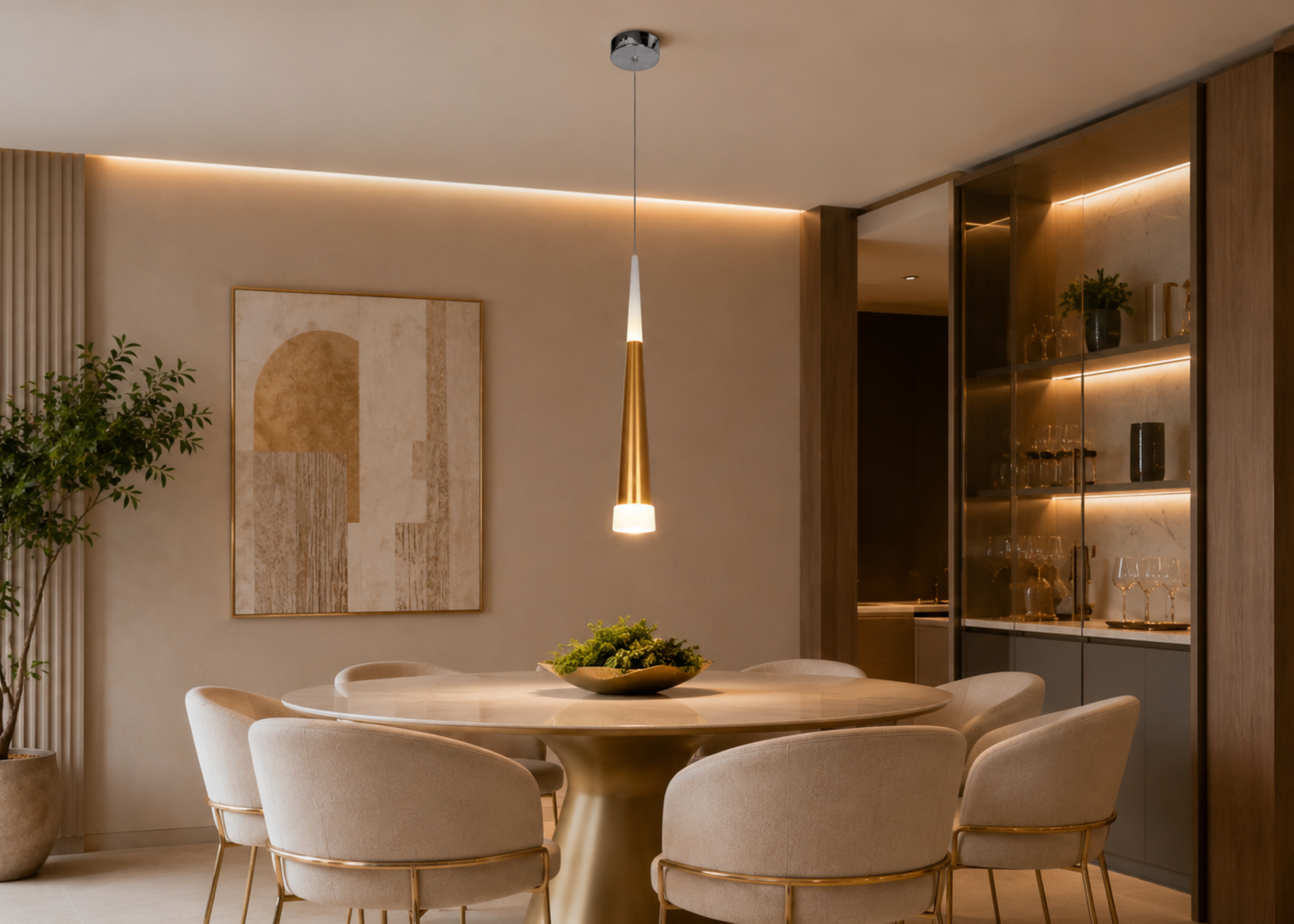 Pendente 5047 com design moderno em Cobre Light, estrutura em metal, alumínio e acrílico, proporcionando iluminação elegante para diversos ambientes.