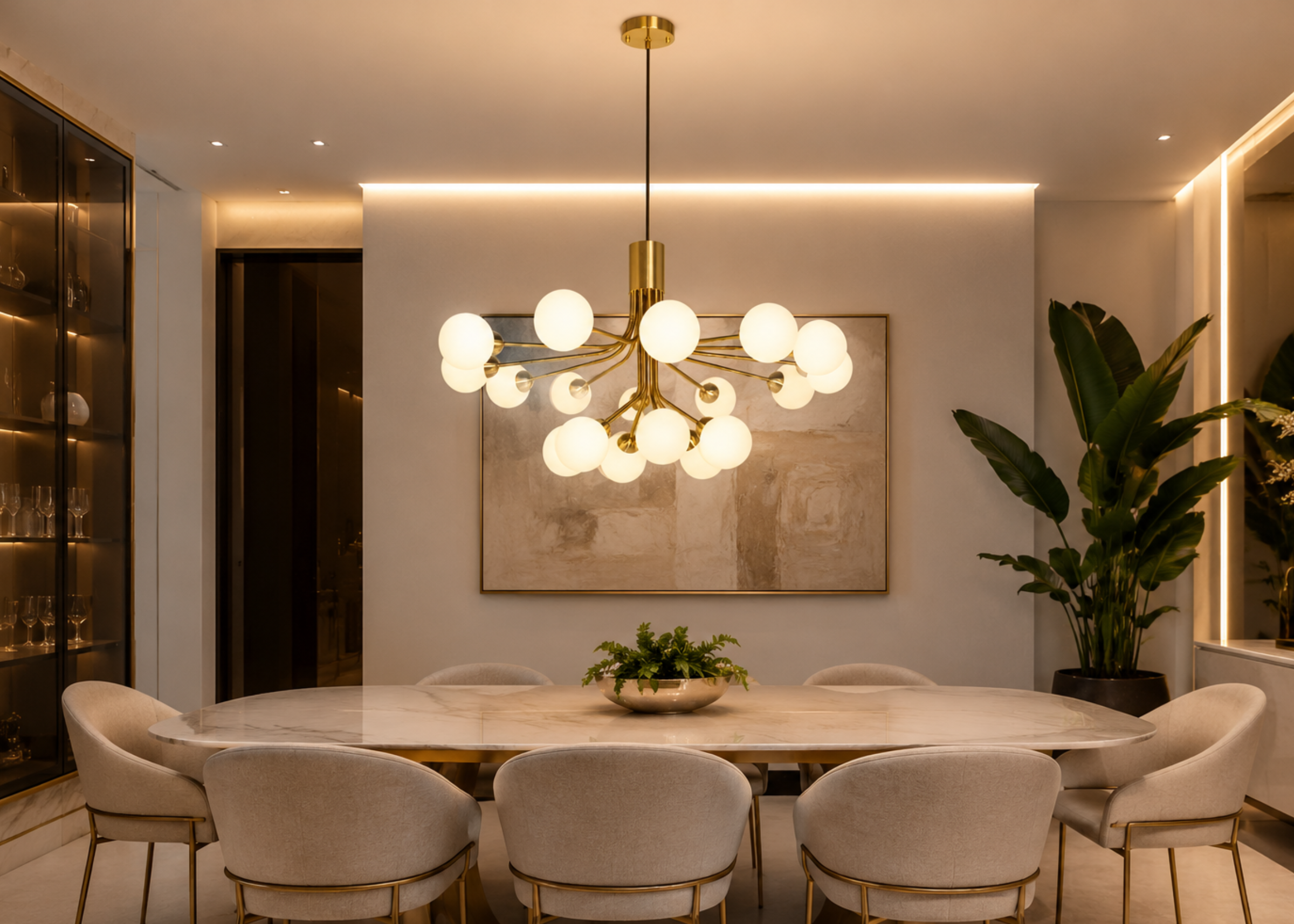 Pendente modelo 5058 com estrutura em metal dourado e globo em vidro leitoso, ideal para compor ambientes contemporâneos e refinados.