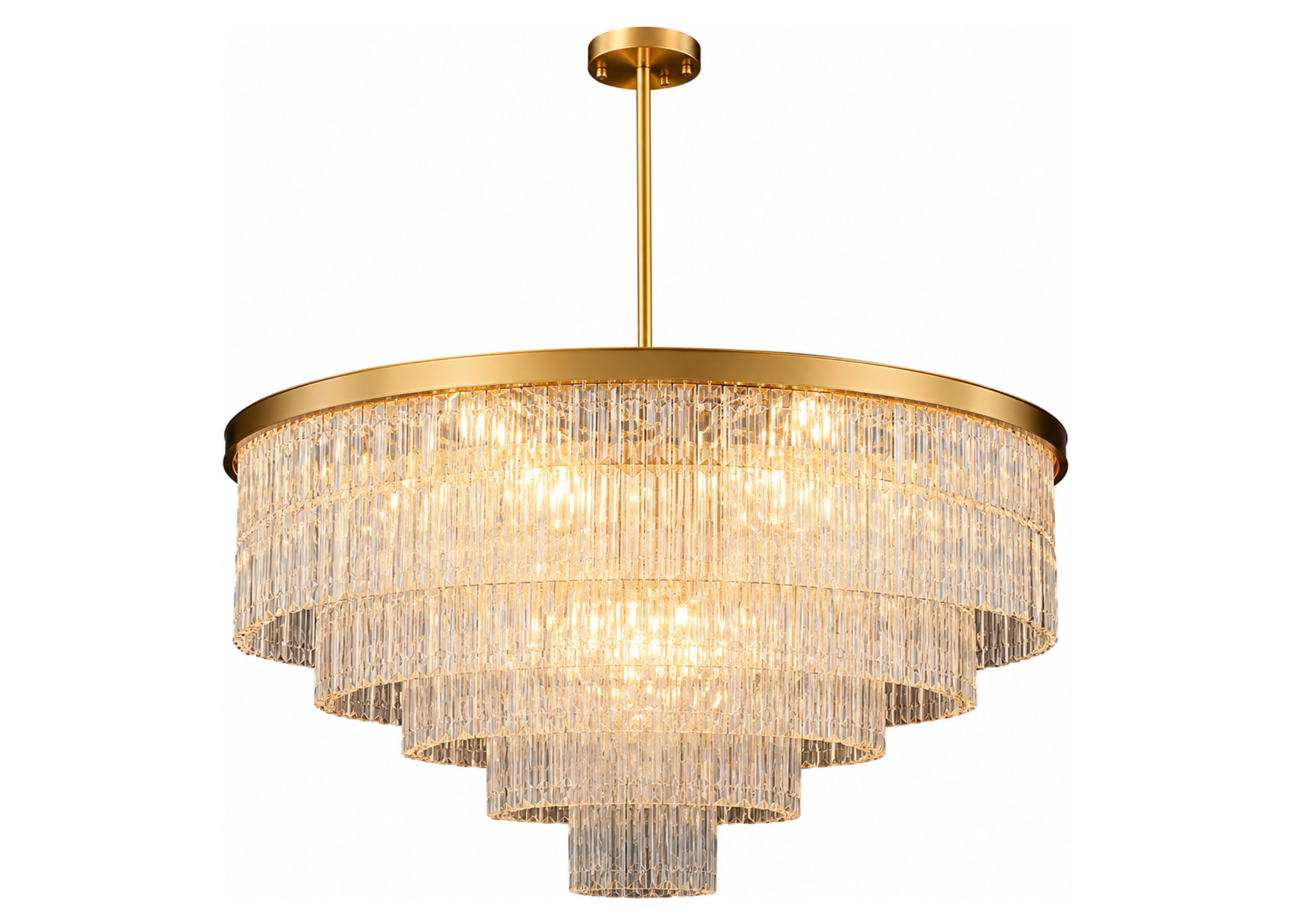 Pendente 5126 com estrutura em metal dourado e vidro, apresentando design elegante e sofisticado para ambientes modernos.