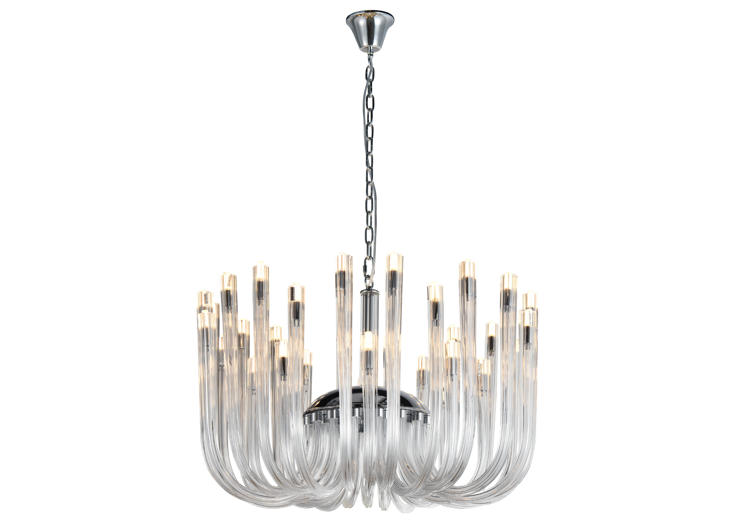 Pendente 5152 com estrutura em metal cromado e vidro translúcido, apresentando design elegante e sofisticado para ambientes modernos.