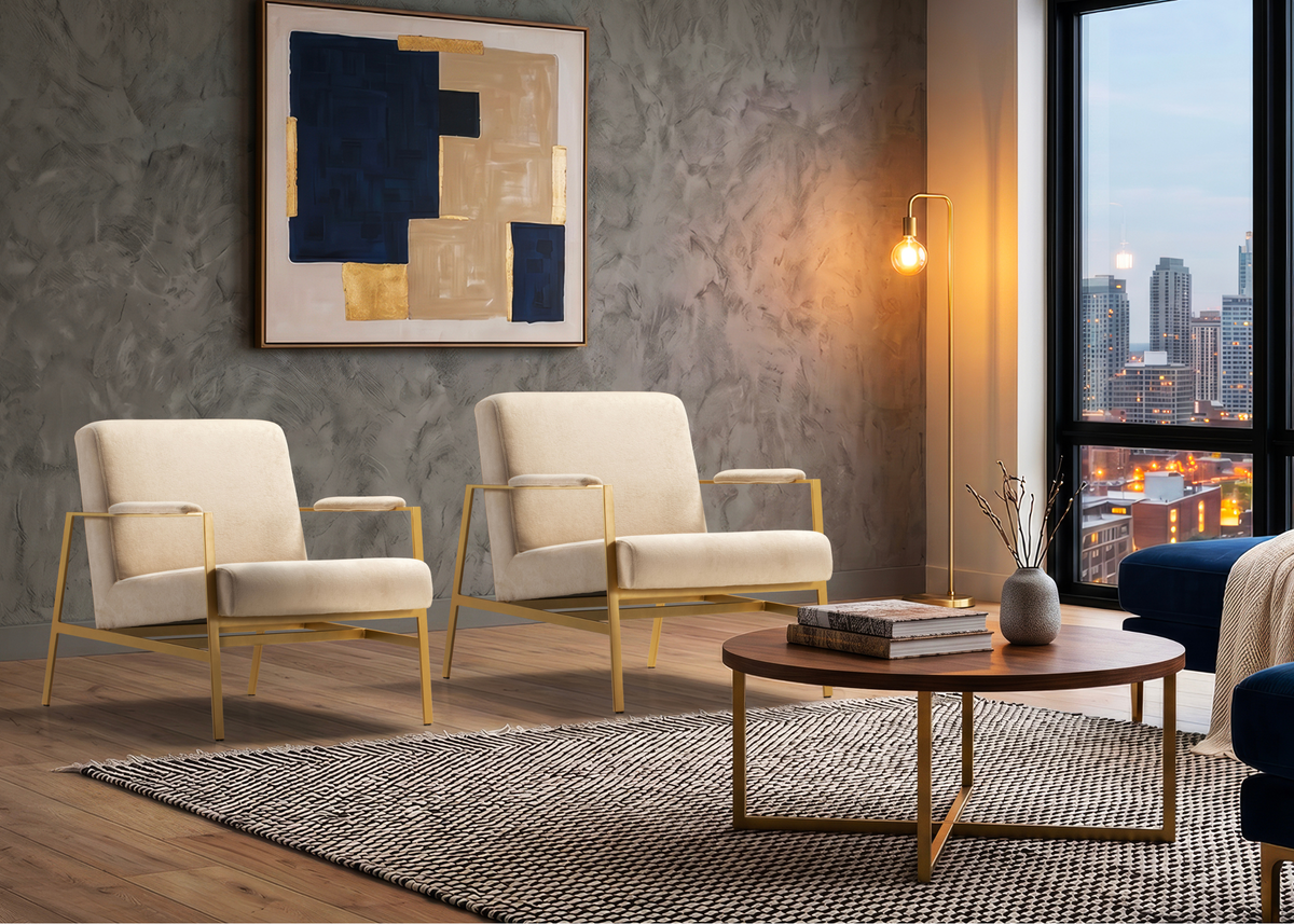 Poltrona Anello em sala de estar elegante e sofisticada, destacando o design contemporâneo e o acabamento refinado que valorizam a decoração do ambiente.