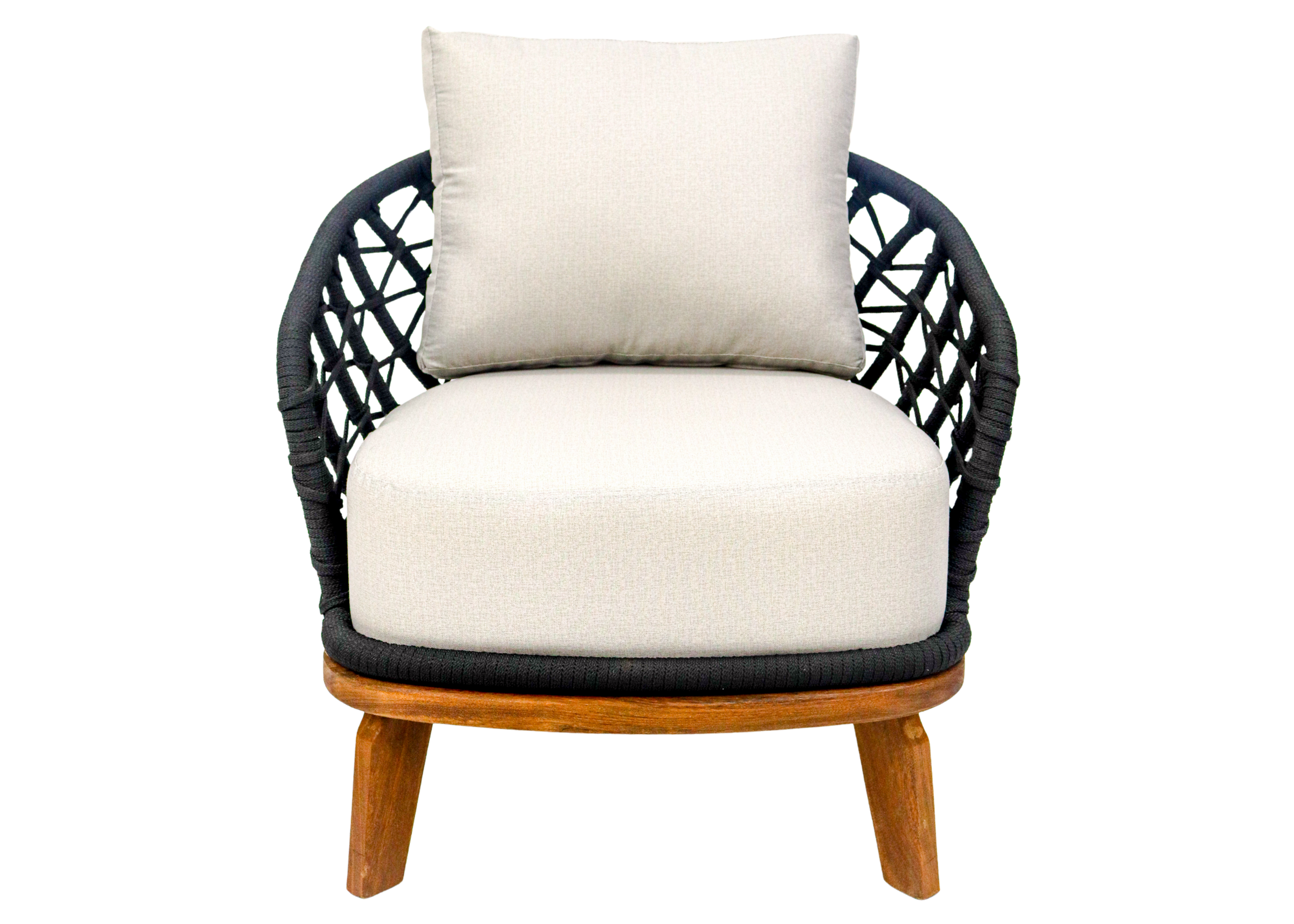 Poltrona para área externa modelo Ventania com base em madeira cumaru e revestimento impermeável. Móvel para uso externo.