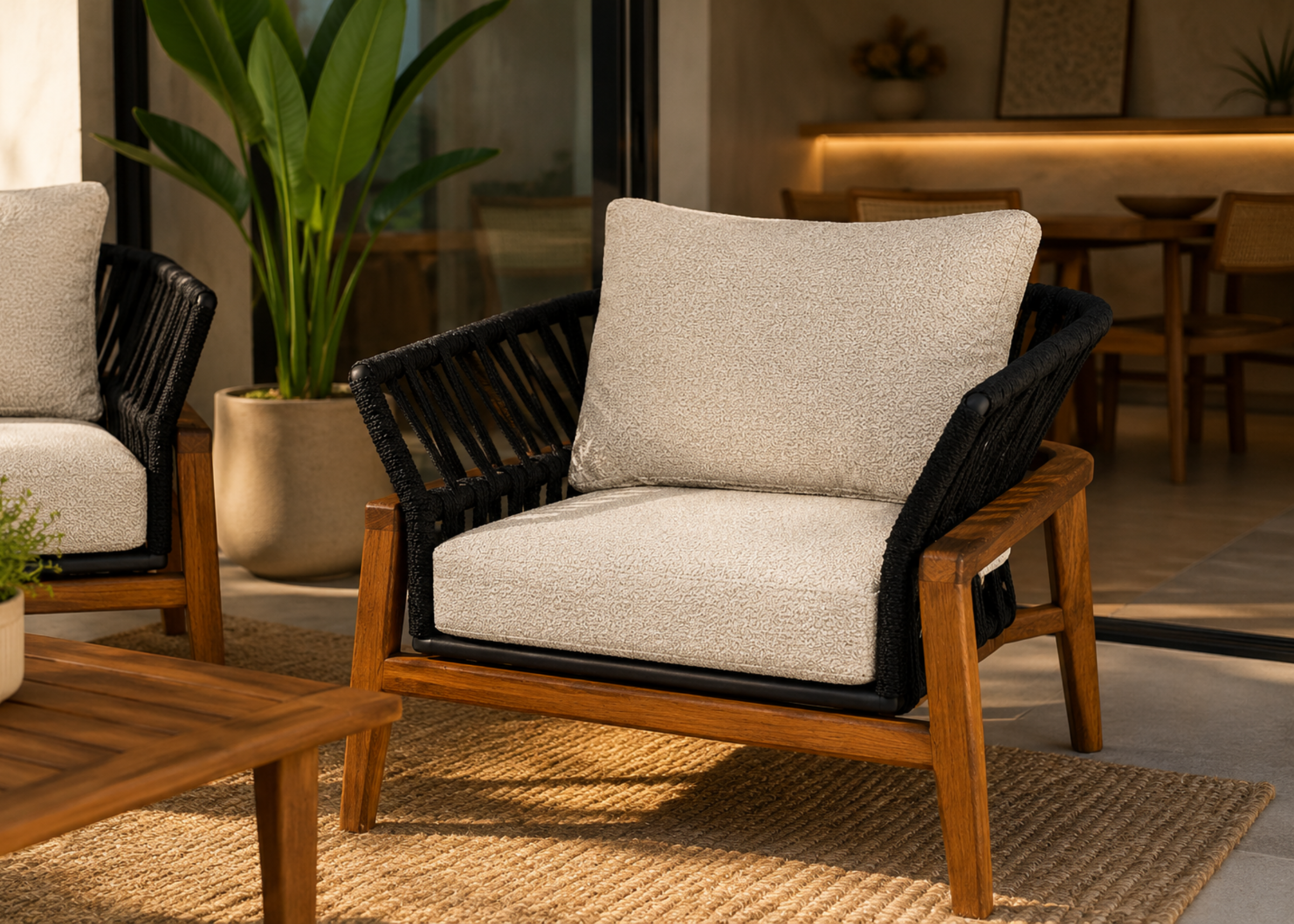 Poltrona para área externa Wind com estrutura em alumínio revestida em corda náutica, apresentando design contemporâneo e resistente para ambientes externos.