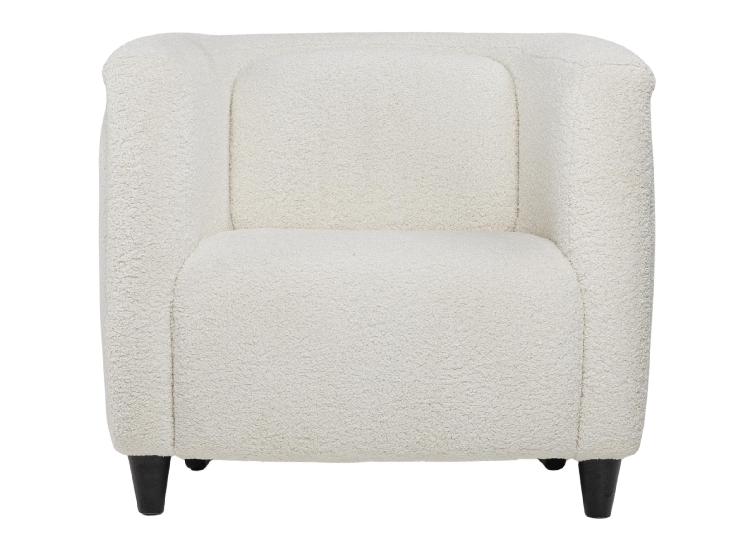 Poltrona Argos confortável com linhas arredondadas e revestimento bouclé