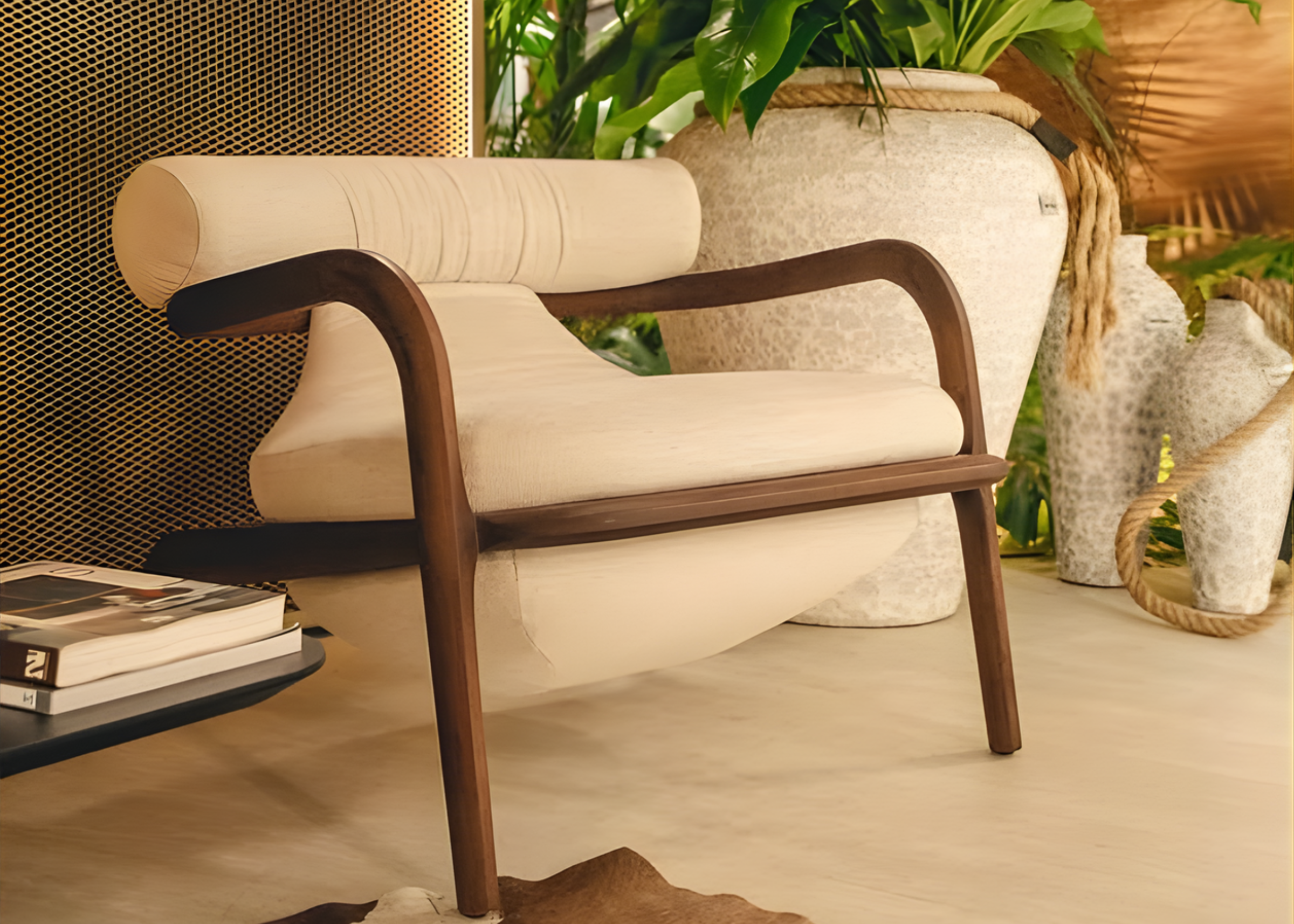 Poltrona Arko com base em madeira e revestimento em tecido off white, em sala moderna, unindo conforto, elegância e design contemporâneo.