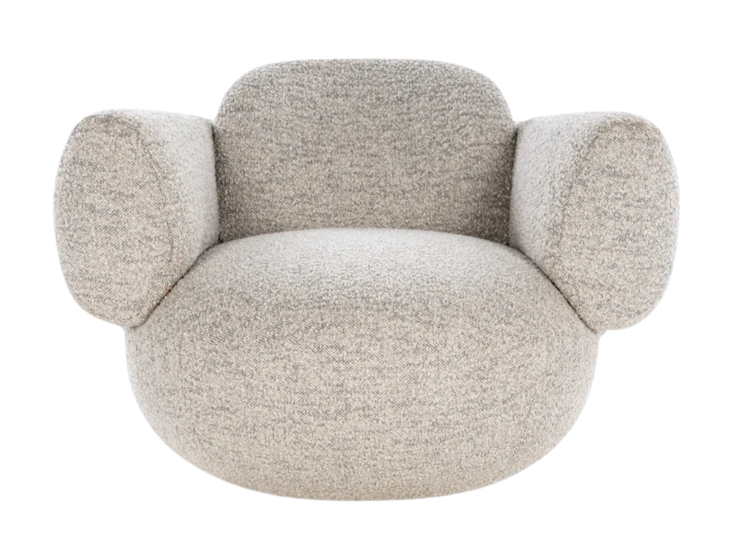 Poltrona Átria em tecido boucle cinza, oferecendo conforto elegante e design sofisticado.