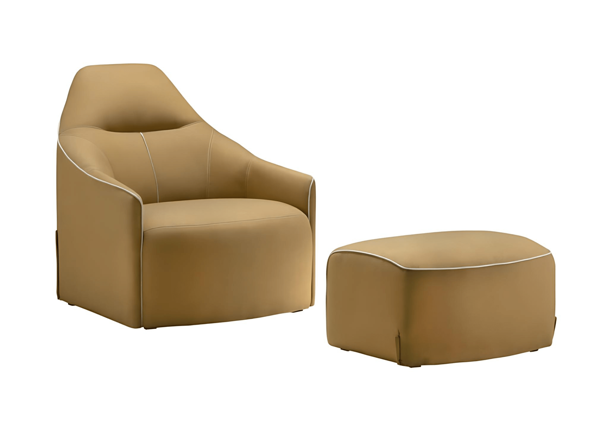 Poltrona Aurora com puff, uma combinação perfeita de conforto e elegância, ideal para compor ambientes sofisticados com um toque de aconchego.