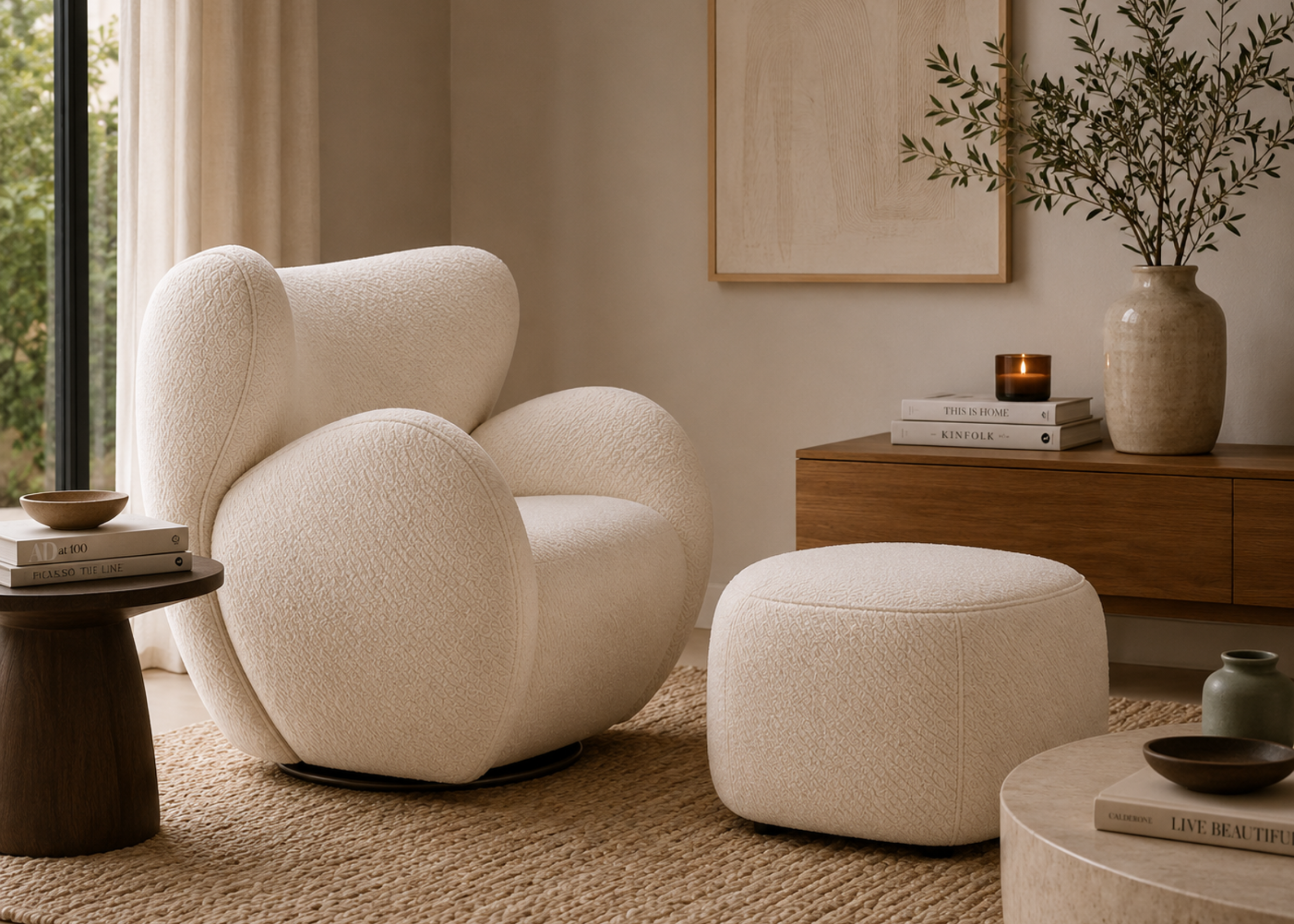 Poltrona Bloom com base giratória, puff e acabamento em bouclé branco, apresentando design totalmente estofado e confortável para ambientes refinados.