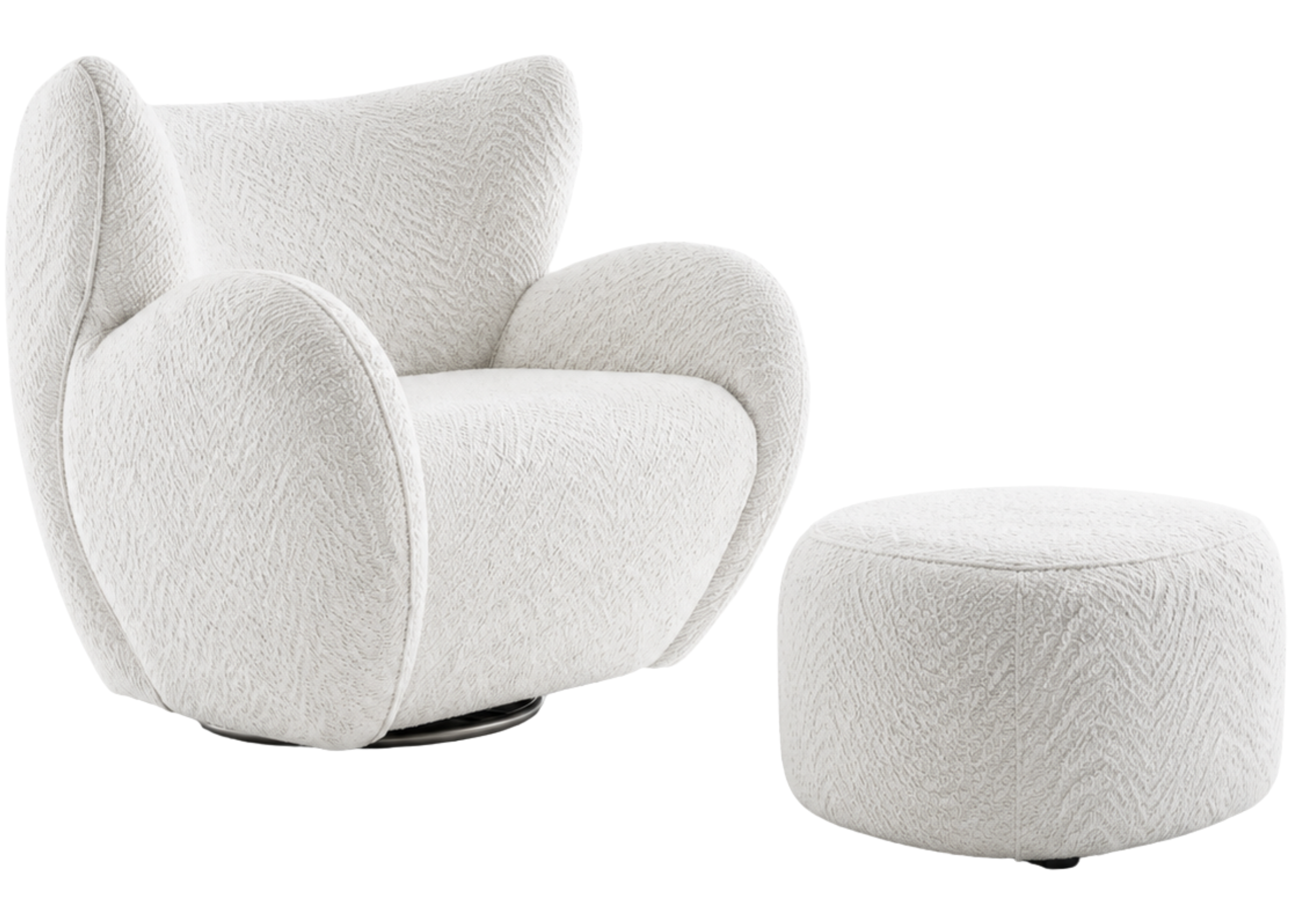 Poltrona Bloom com puff, base giratória e revestimento em bouclé branco, apresentando design moderno e totalmente estofado para ambientes sofisticados e acolhedores.