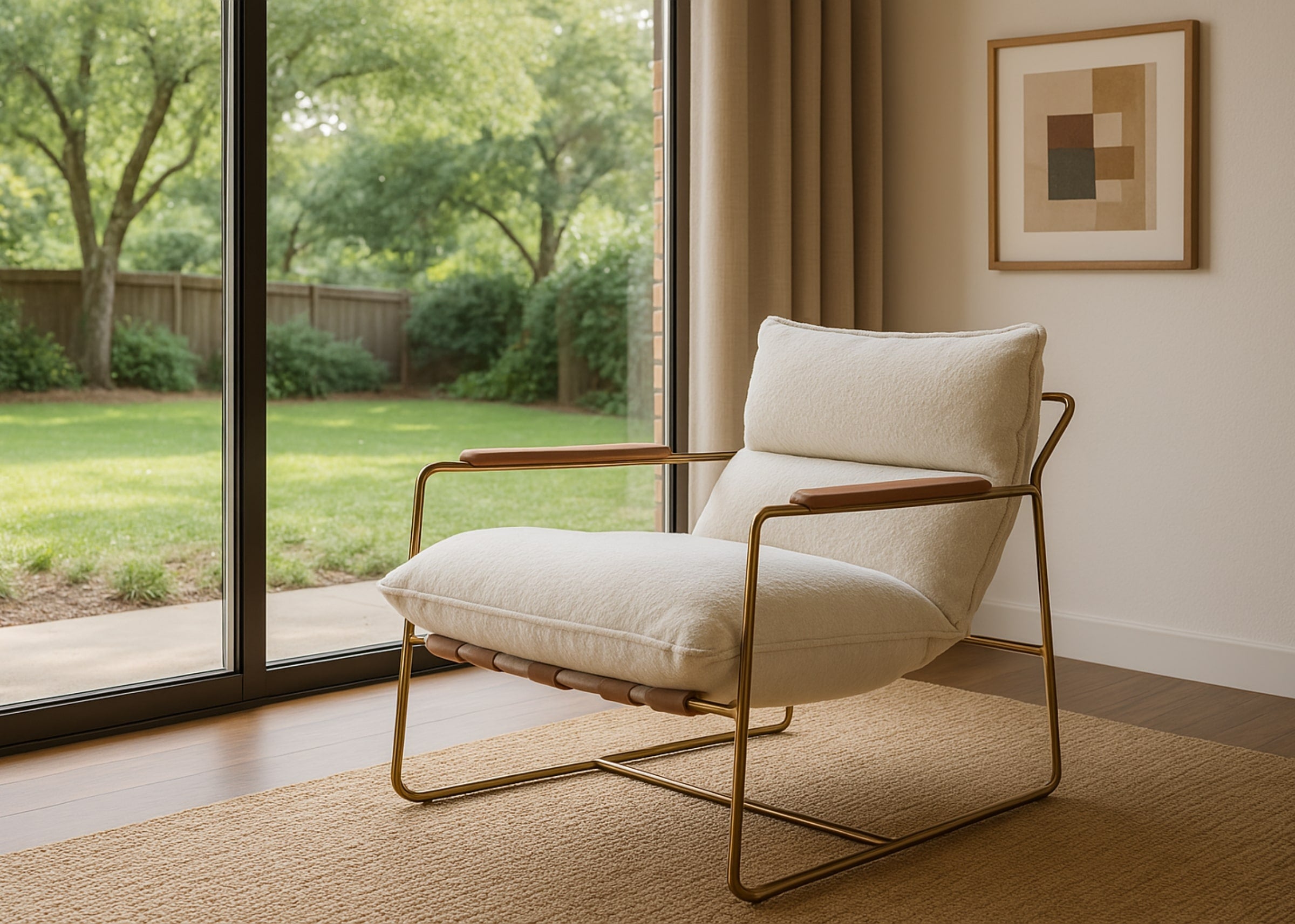 Poltrona Blue com design leve e elegante, estrutura em aço dourado e detalhes em couro natural, posicionada em sala sofisticada com vista para o jardim.