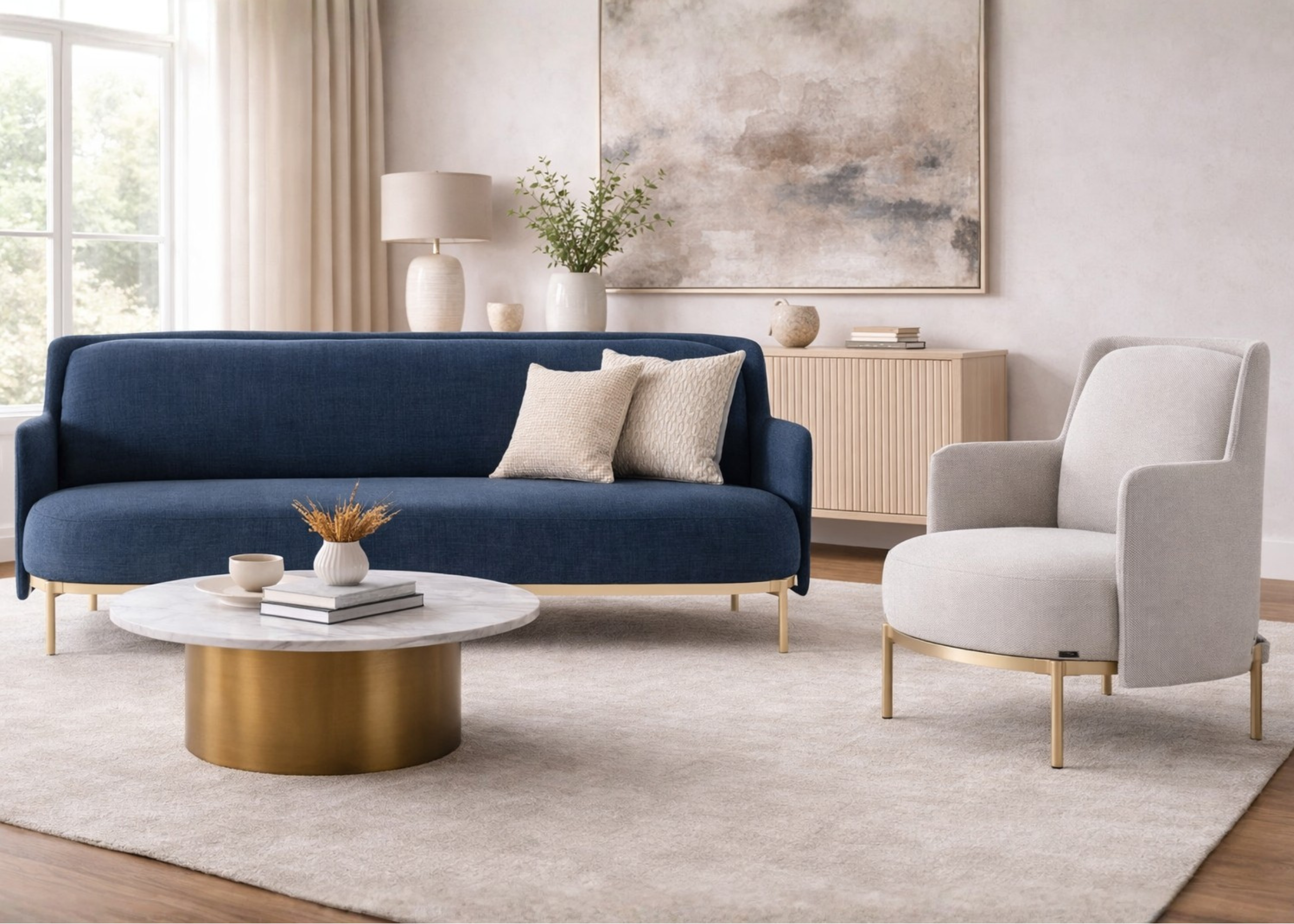 Poltrona Celine com braço em sala de estar moderna e elegante, com design sofisticado ideal para ambientes contemporâneos e acolhedores.