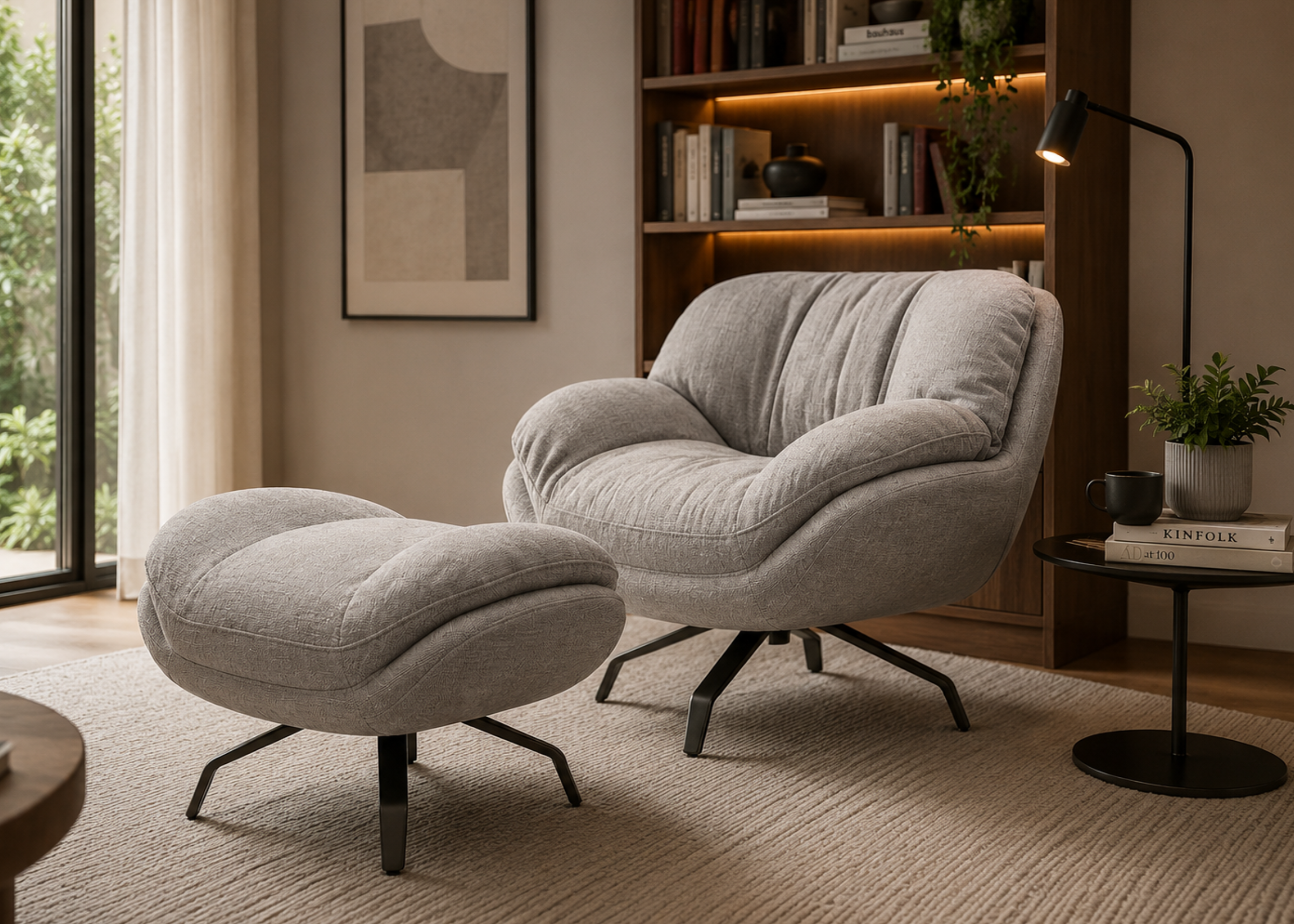 Poltrona com puff Polaris para descanso com elegância e conforto, ideal para compor ambientes sofisticados e acolhedores.