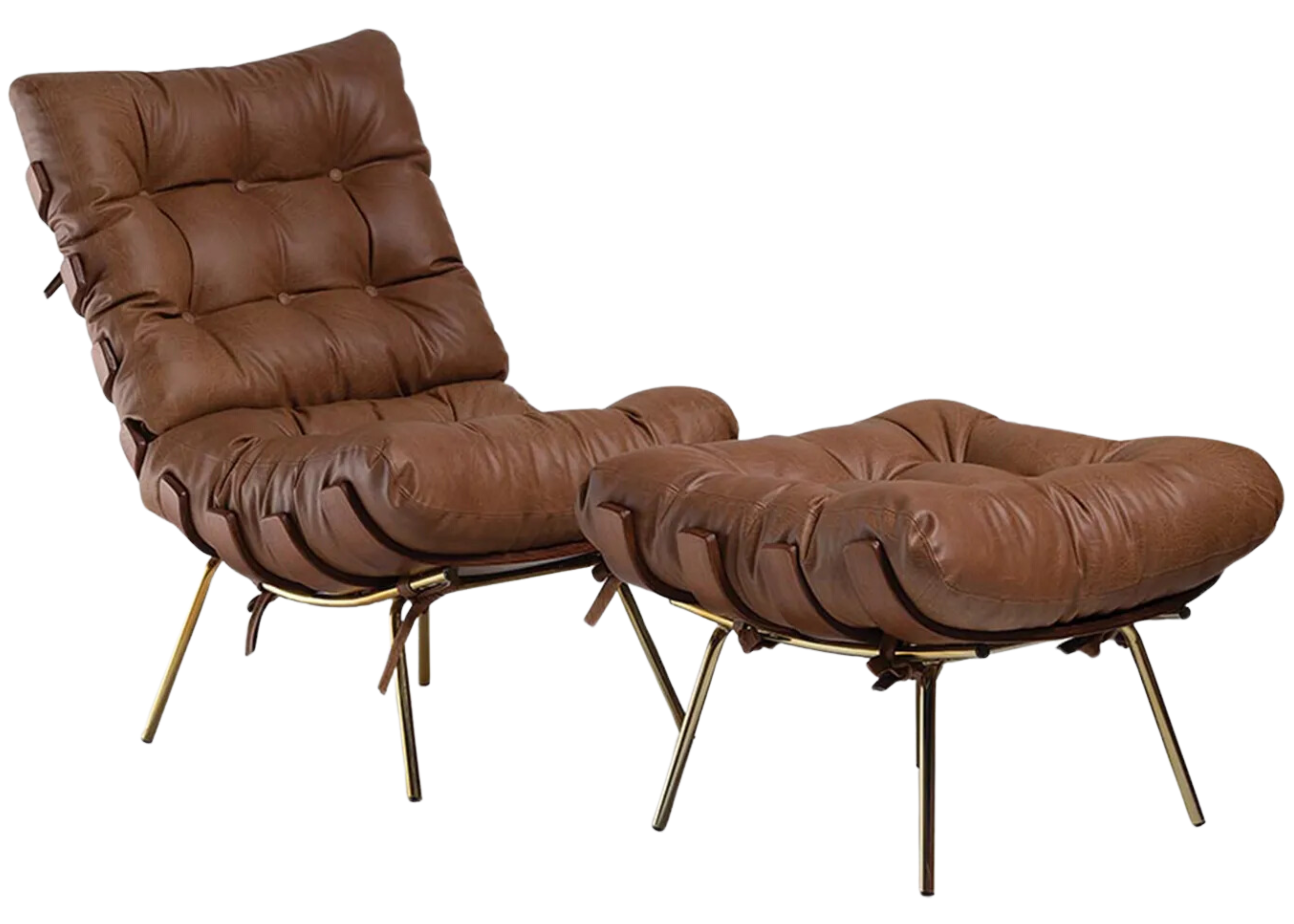 Poltrona Costela com Puff em madeira laminada e estofado marrom para sala de estar de alto padrão.
