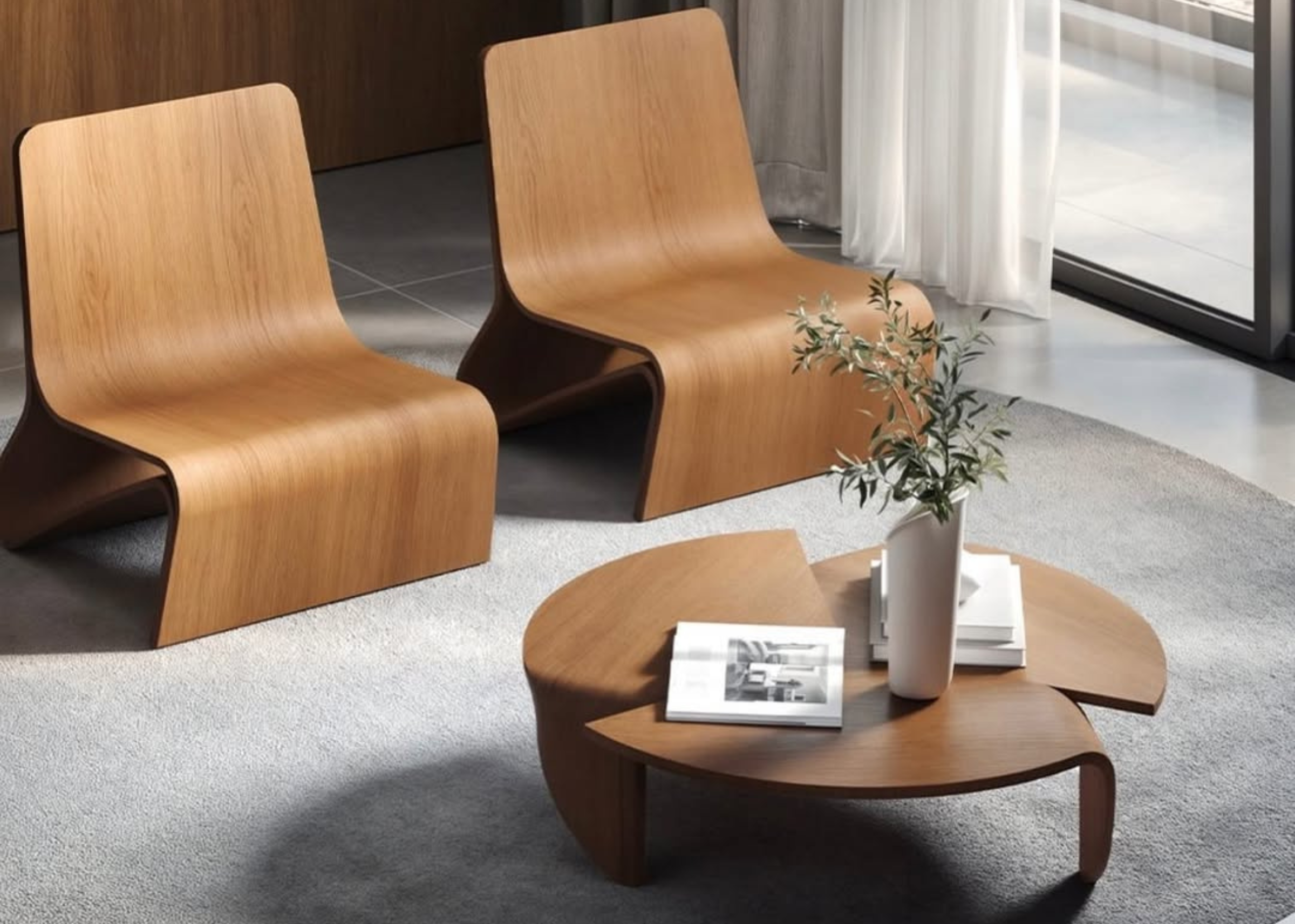 Poltrona modelo Dublin com estrutura em madeira carvalho real. Design contemporâneo e acolhedor, ideal para compor ambientes sofisticados, apresentada sobre fundo neutro.