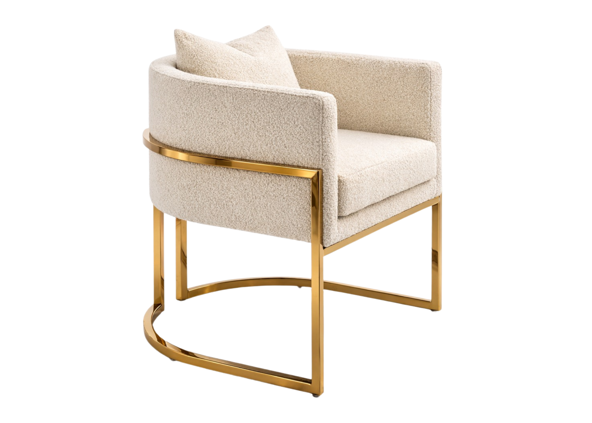 Poltrona Eldorado com encosto curvo estofado em tecido bouclé claro e base em aço inox dourado, design elegante e contemporâneo