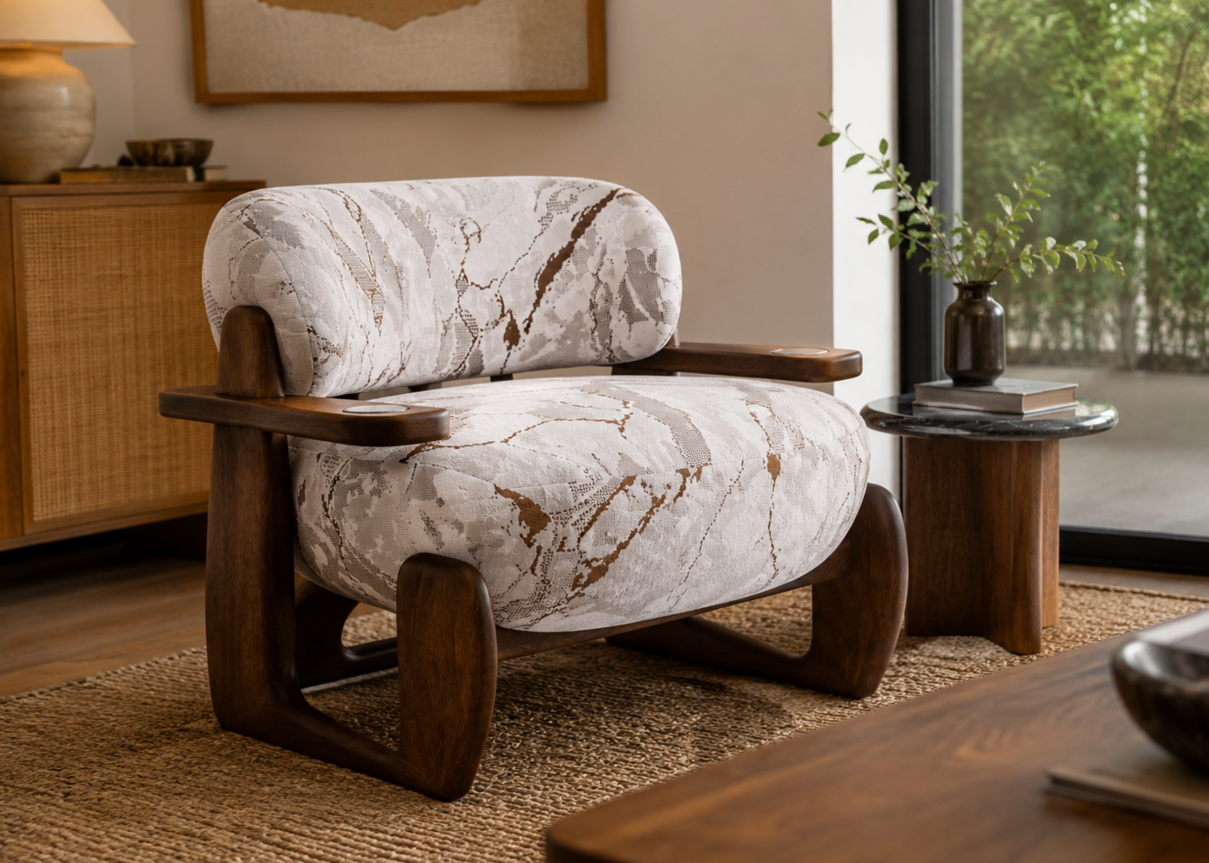 Poltrona Élle em sala contemporânea com design sofisticado, elegante e de alto padrão, ideal para compor ambientes modernos e refinados.