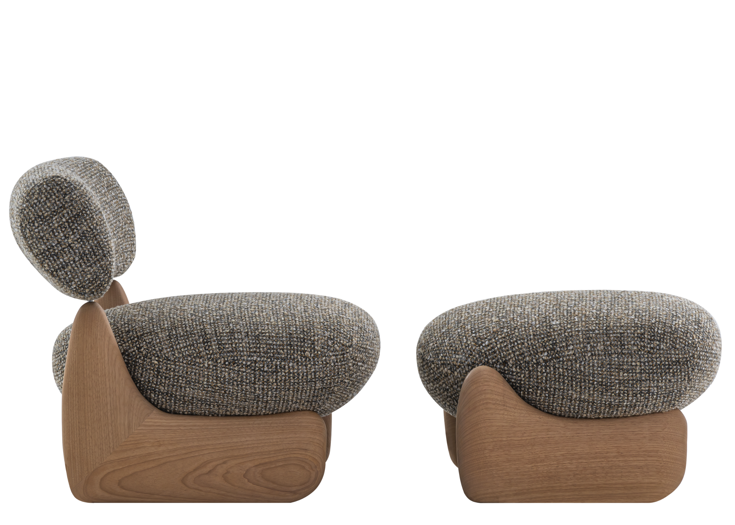 Poltrona Elos com puff, base em madeira e revestimento em tecido bouclé escuro, proporcionando conforto e elegância para ambientes sofisticados.