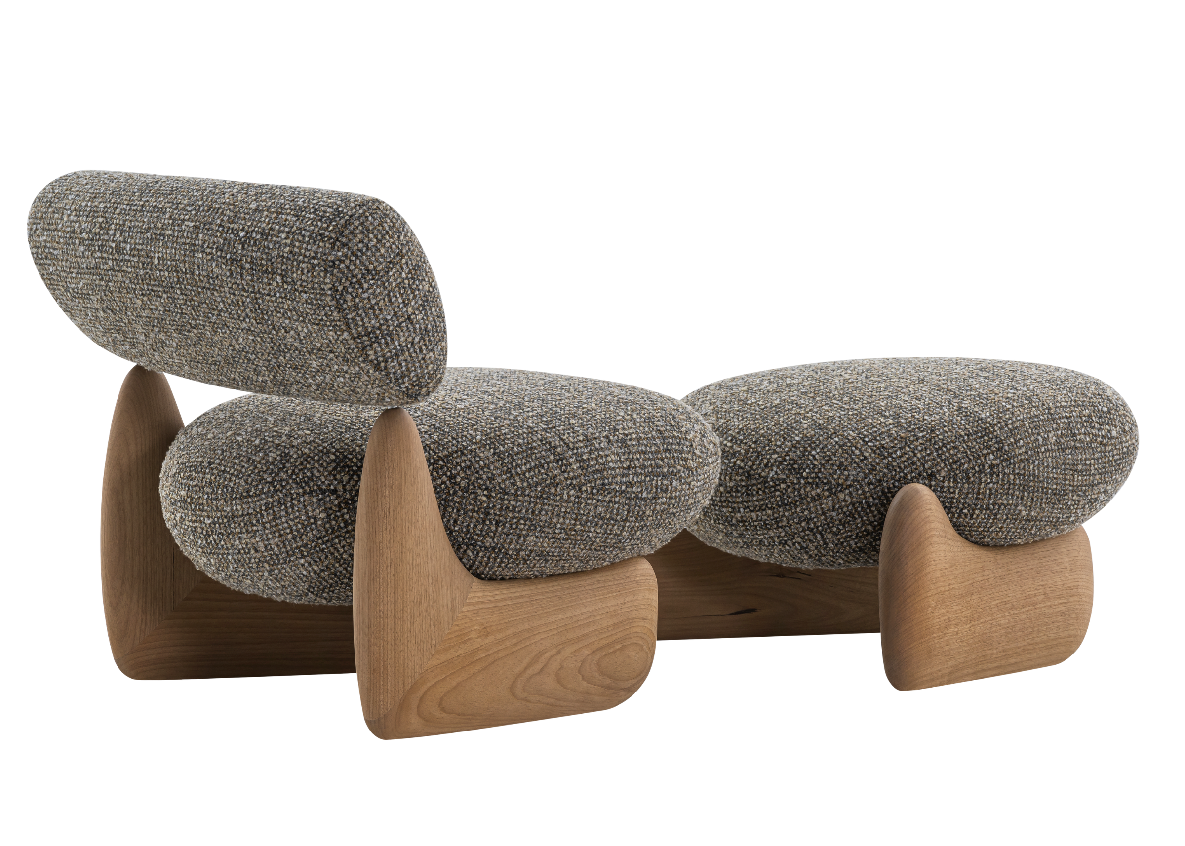 Poltrona Elos com puff, encosto marcante e confortável, destacando design elegante e presença sofisticada em salas de estar.