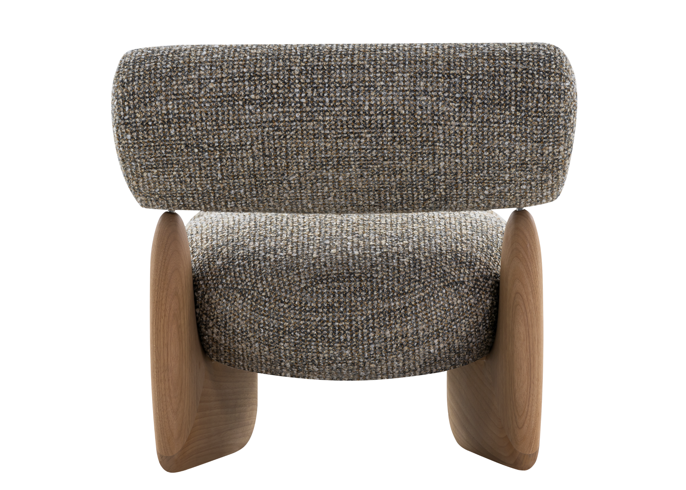 Poltrona Elos com detalhes no encosto e base em madeira de alta qualidade, destacando design elegante e conforto para ambientes sofisticados.