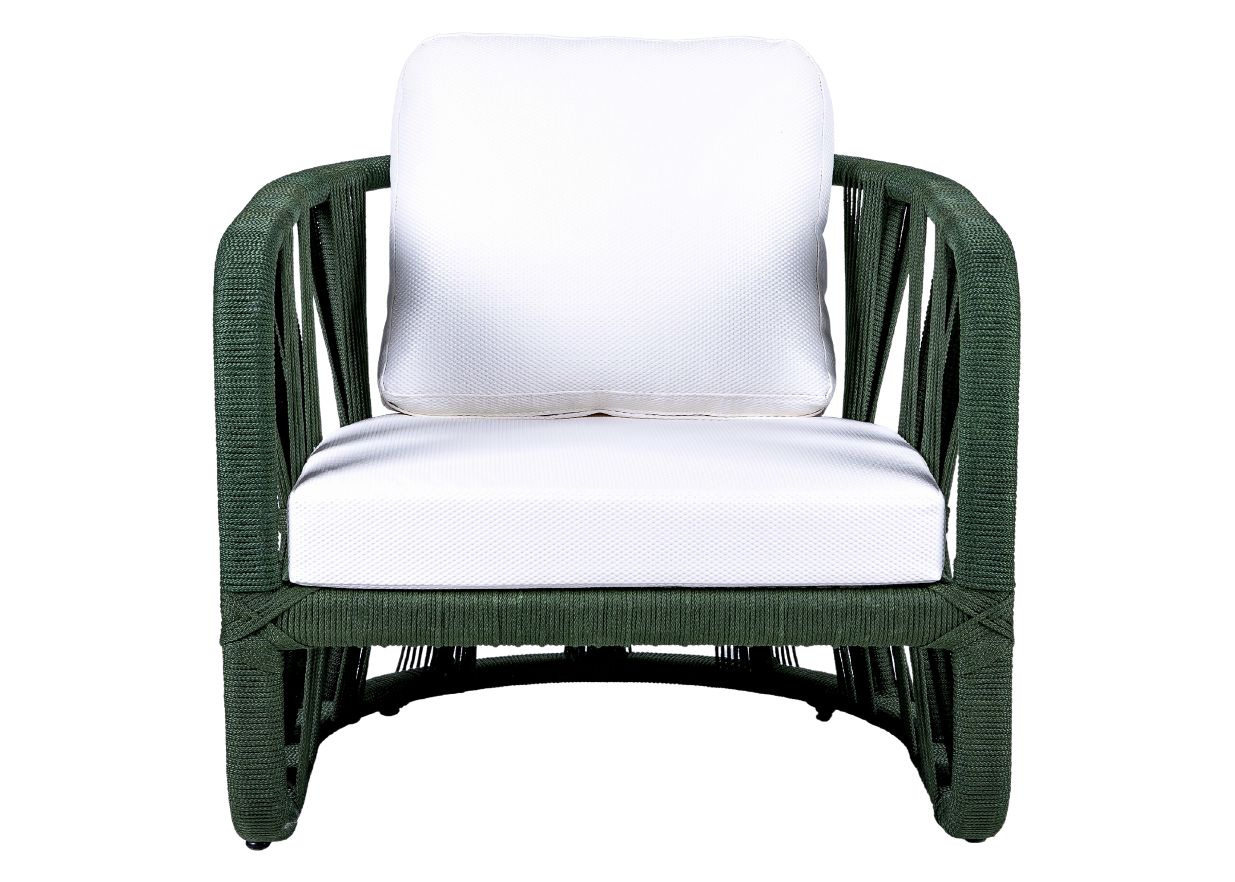 Poltrona Emília para área externa com base em alumínio e corda náutica. Móvel para ambientes externos.