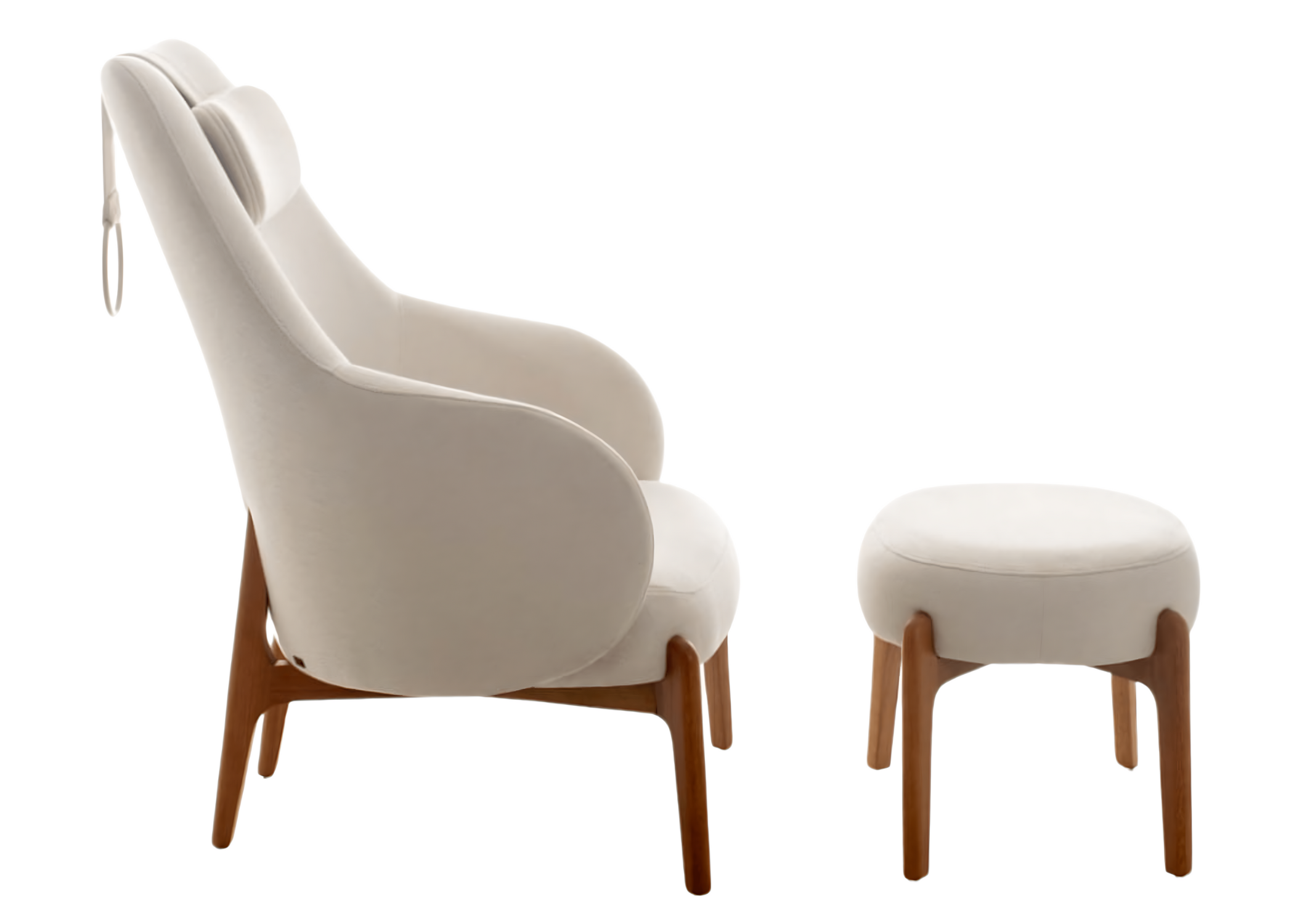 Poltrona modelo Colinas com encosto alto e puff estofado, design elegante e confortável, ideal para compor salas de jantar sofisticadas.