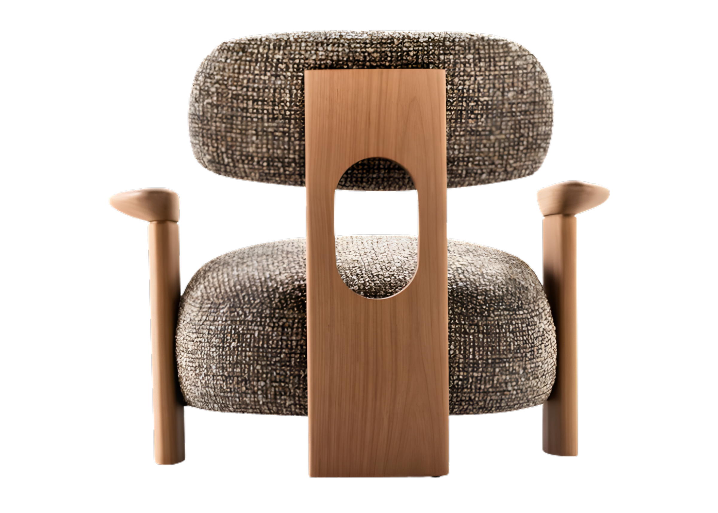 Poltrona Equilíbrio com detalhe nas costas em madeira e revestimento em tecido bouclé, une aconchego, elegância e design contemporâneo para ambientes sofisticados.