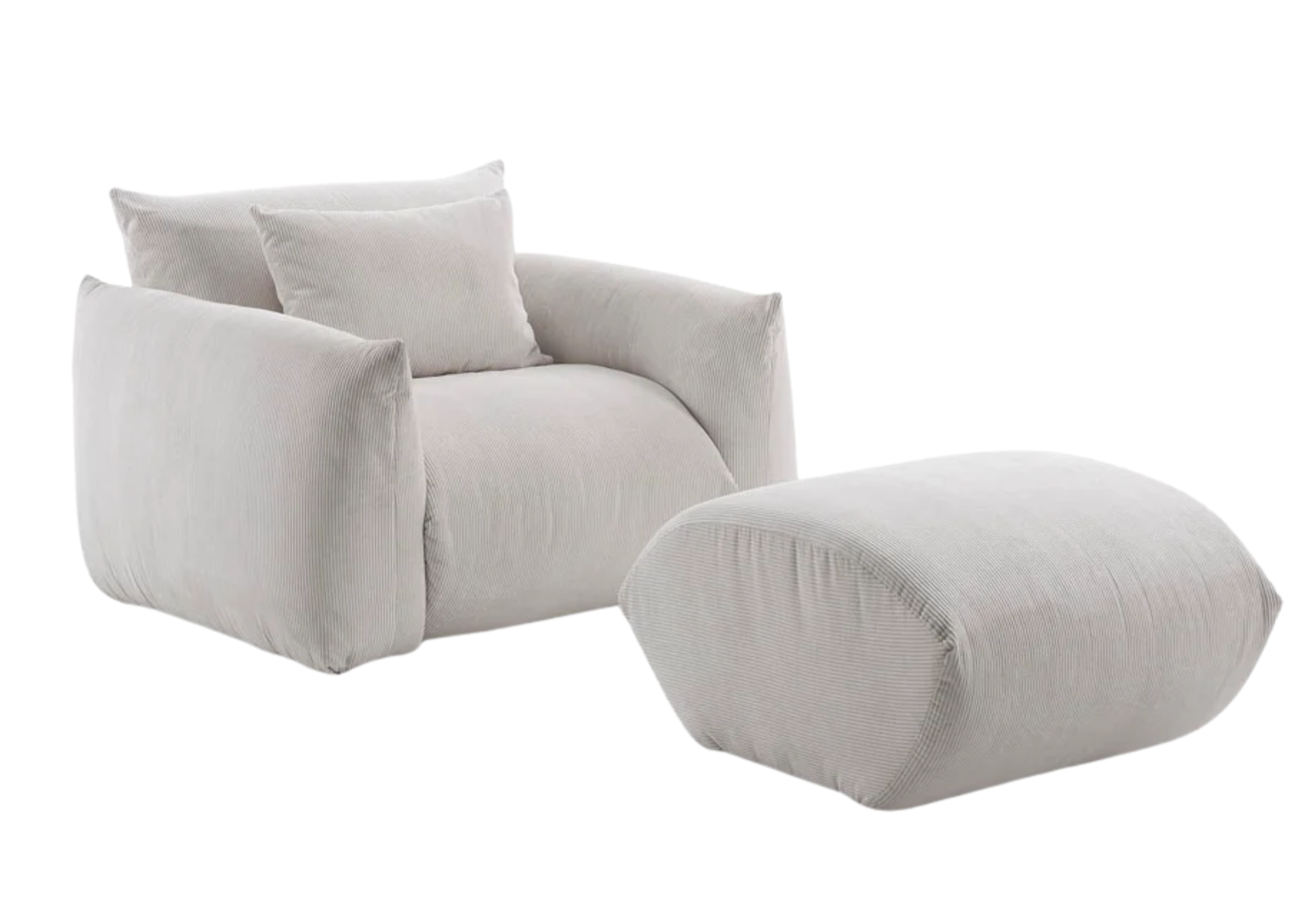 Poltrona Ester com puff e revestimento off white, apresentando design confortável e sofisticado, ideal para compor ambientes elegantes e acolhedores.
