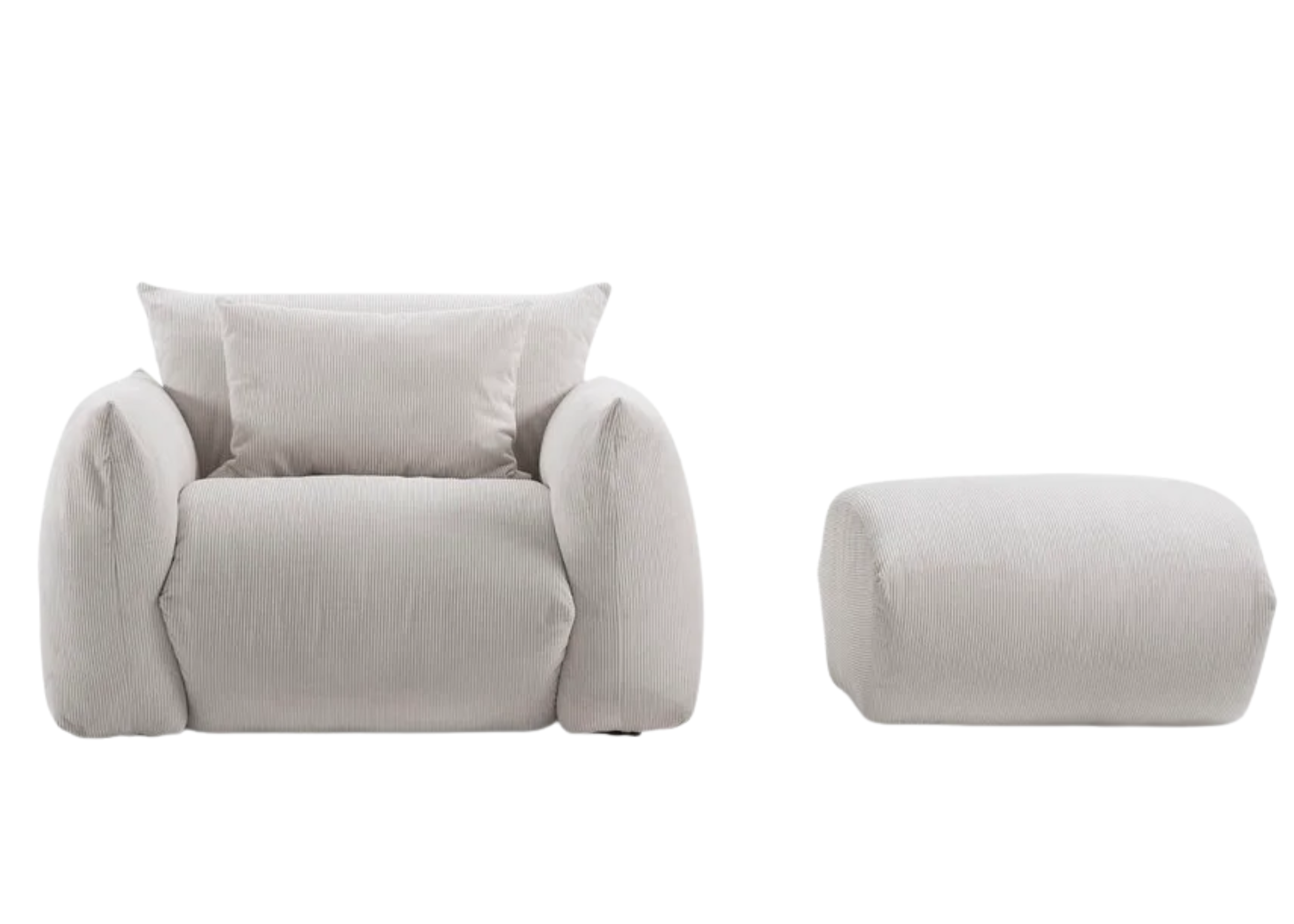 Poltrona Ester com puff, apresentando design elegante e sofisticado, ideal para compor ambientes modernos e acolhedores.