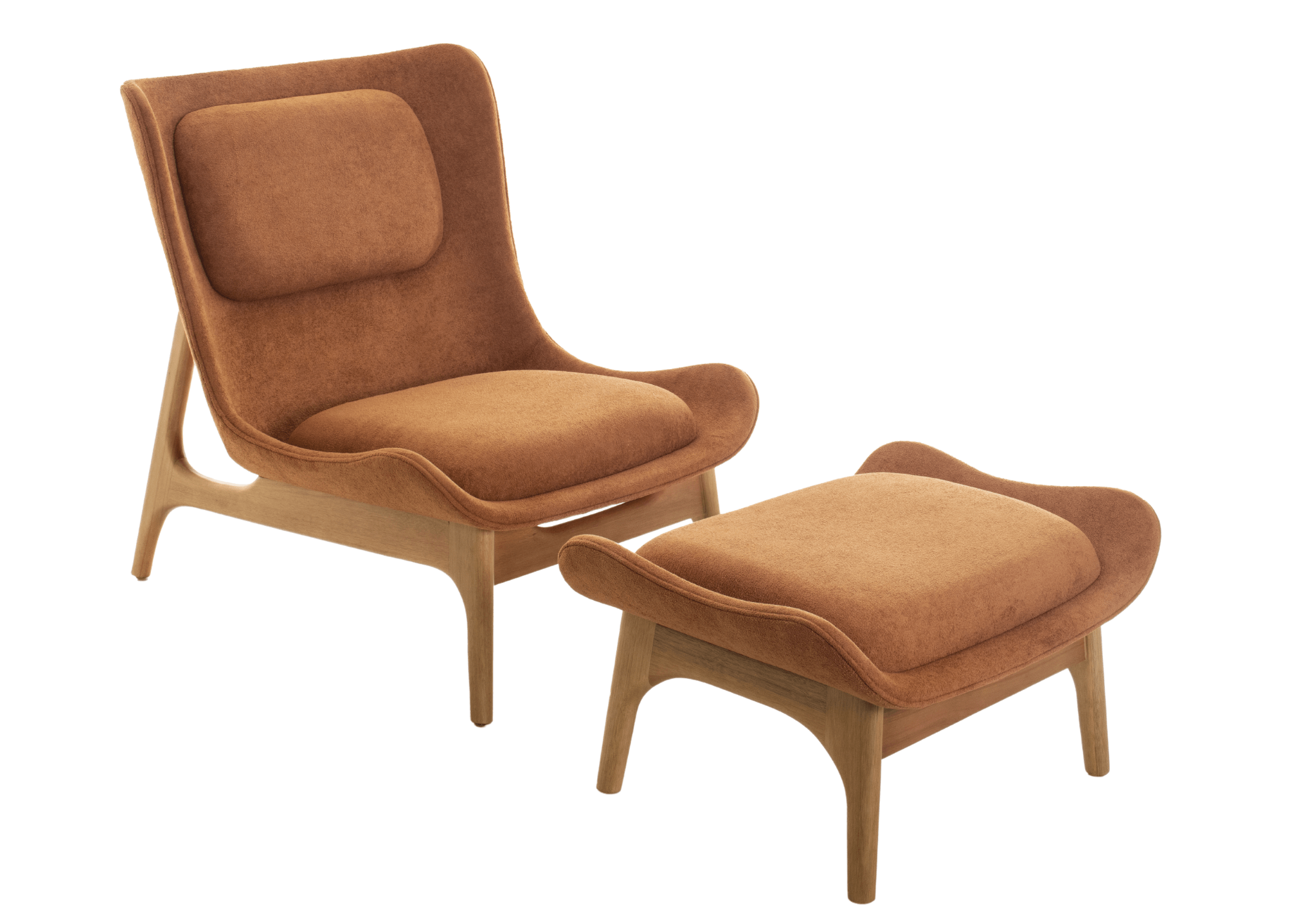 Poltrona estofada com puff modelo Eva, design moderno e confortável, ideal para compor salas de estar elegantes e aconchegantes.