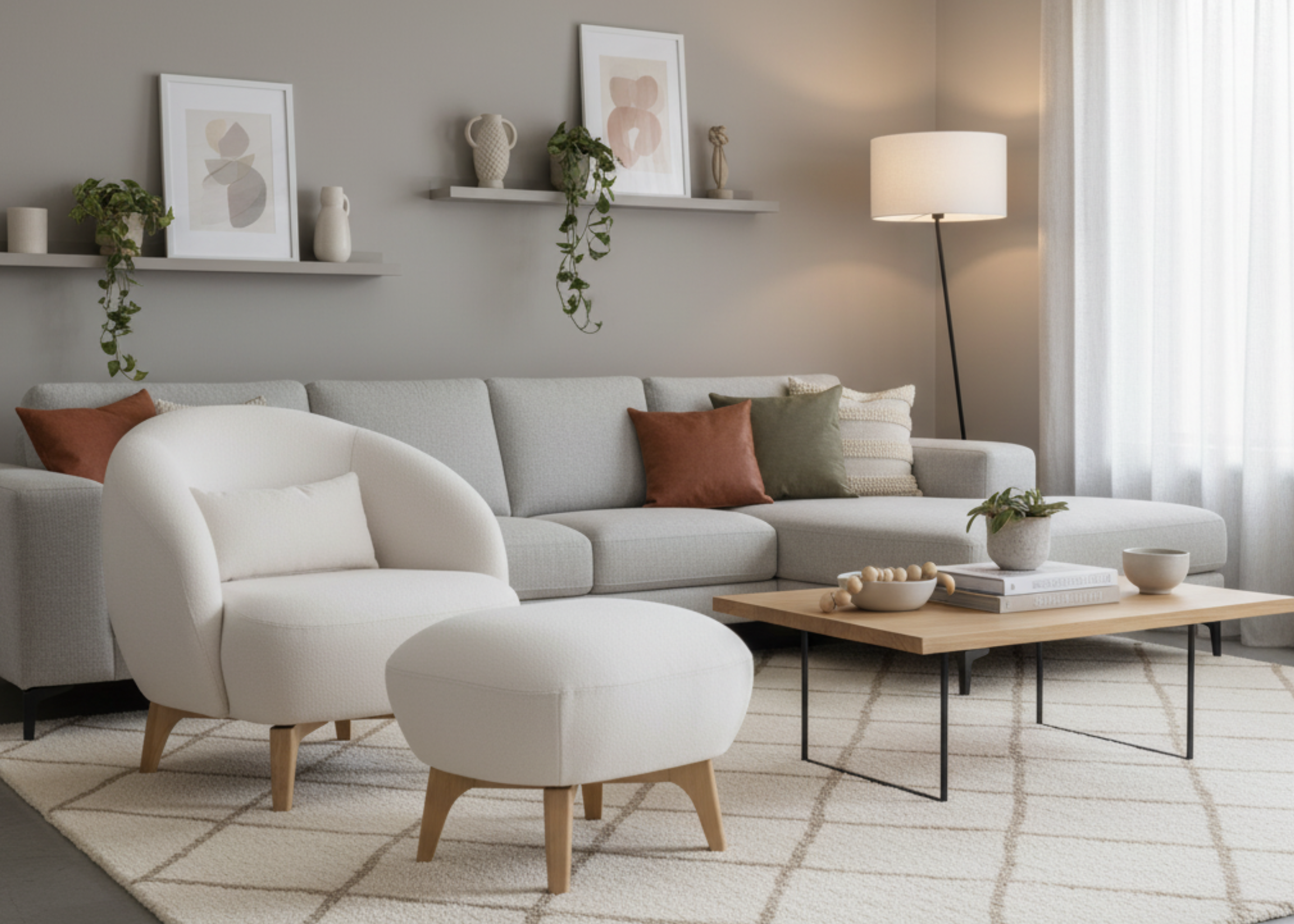 Poltrona estofada com puff modelo Merci, design contemporâneo e base em madeira, ideal para sala de estar com proposta moderna e aconchegante.