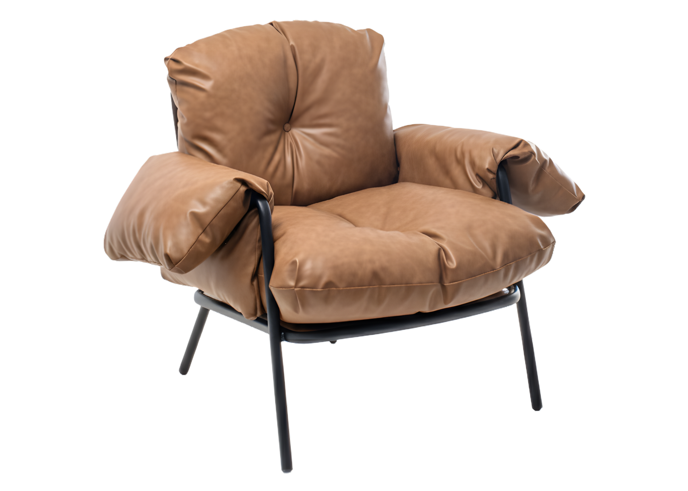 Poltrona estofada modelo Nuvola para sala de estar, com base em aço carbono e revestimento em recouro caramelo, design moderno e elegante.