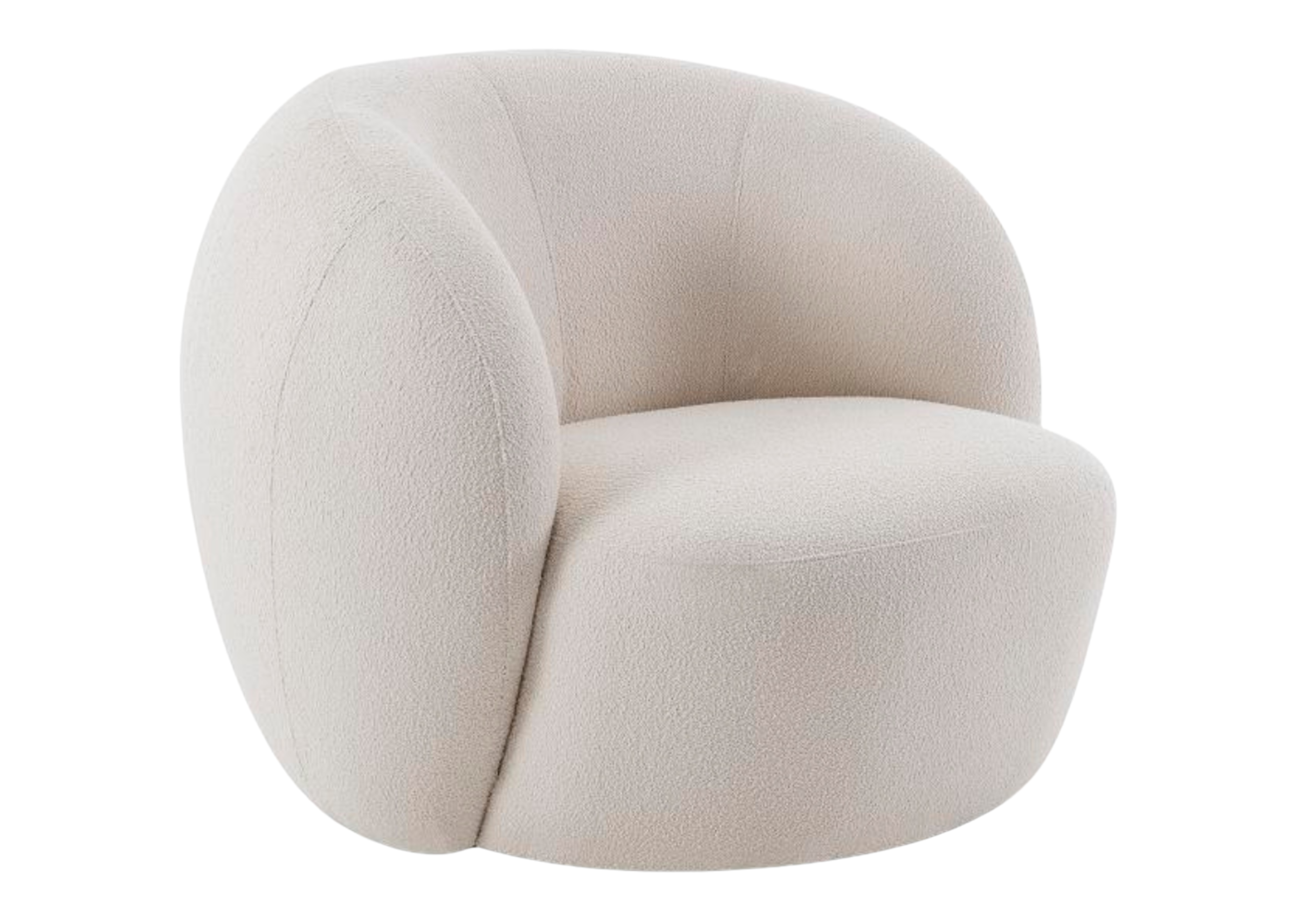 Poltrona estofada modelo Sole para sala de estar, revestida em bouclé branco com base fixa, design confortável e elegante, ideal para ambientes sofisticados.