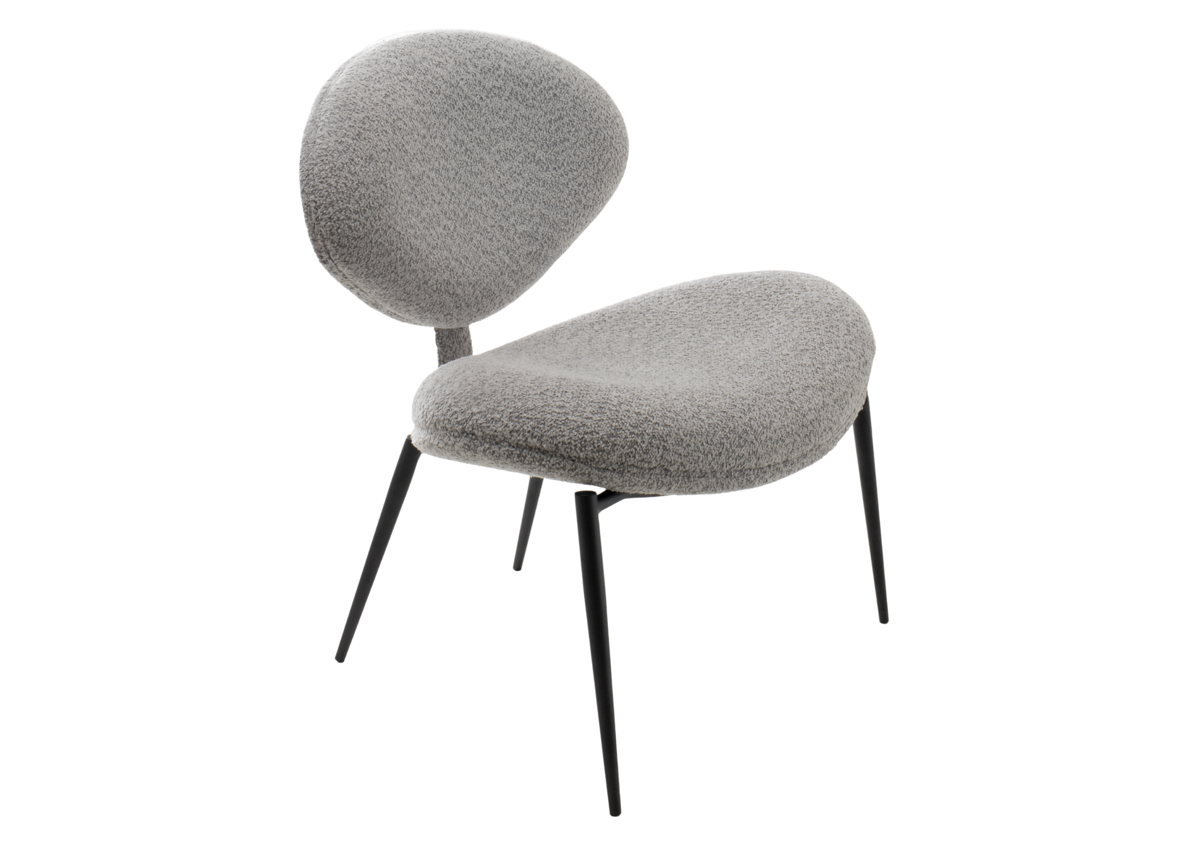 Poltrona estofada modelo Persona para sala de estar moderna, revestida em bouclé cinza com base em aço carbono, design sofisticado e contemporâneo.