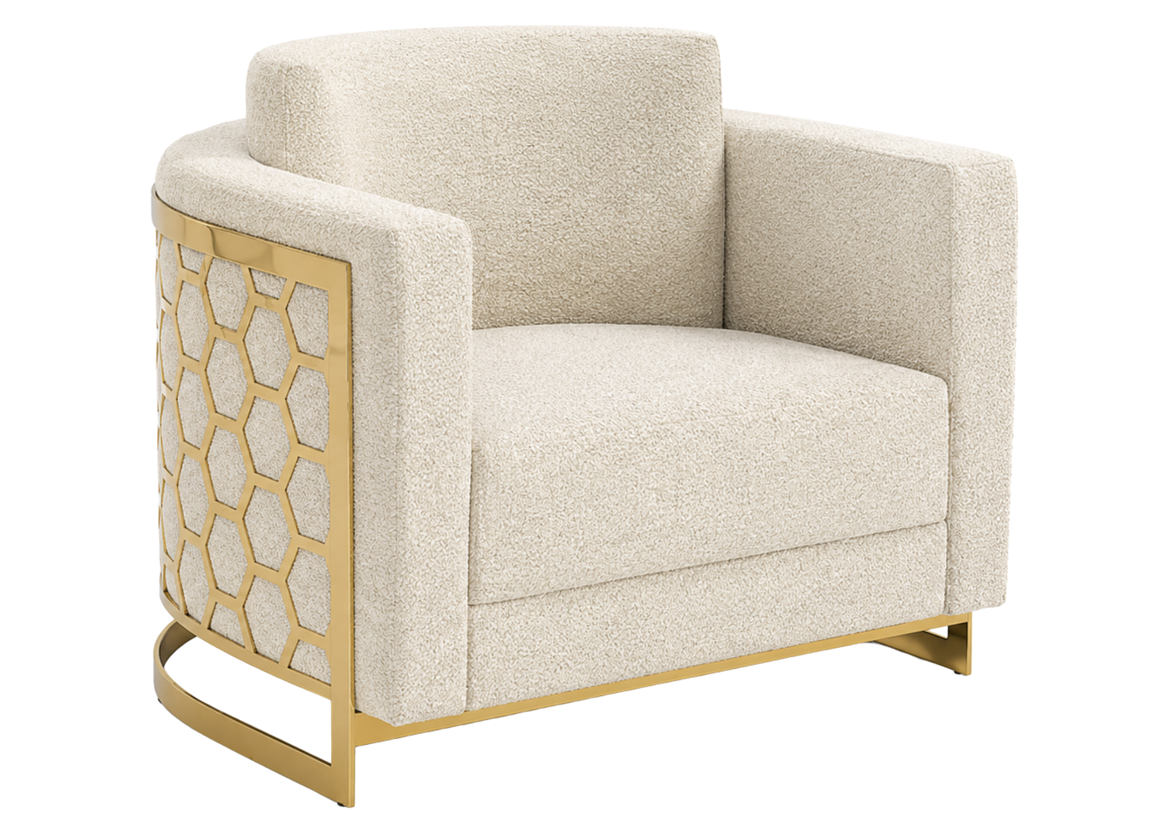 Poltrona elegante de estilo europeu, vista em detalhe, com acabamento metálico dourado e boucle.