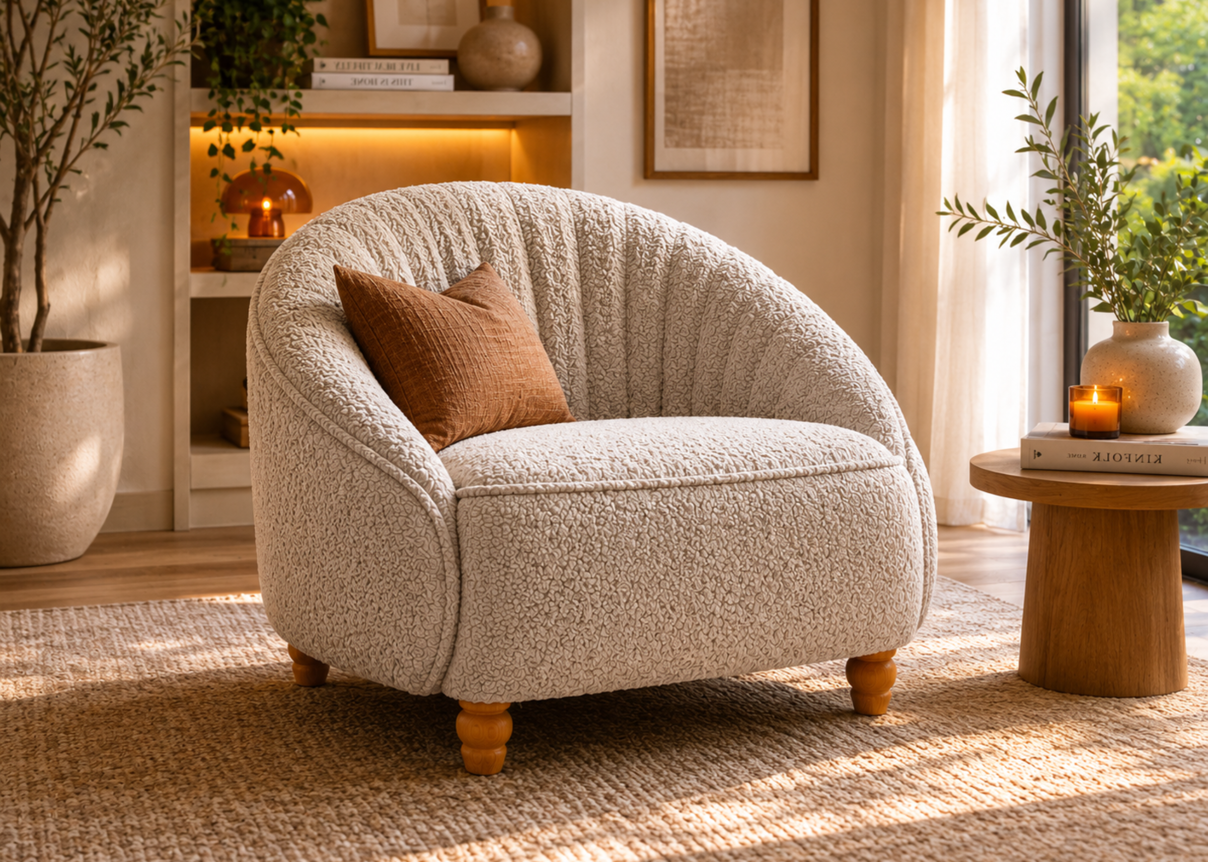 Poltrona Fiore com design moderno, estofado confortável e pés em madeira, ideal para compor ambientes contemporâneos e sofisticados.