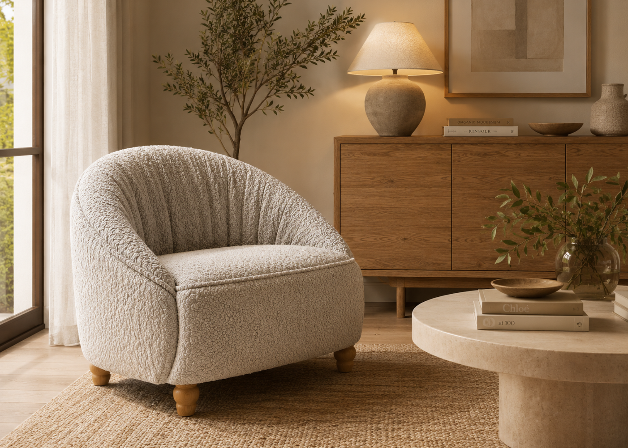Poltrona Fiore com pés em madeira, assento e encosto estofados, apresentando design elegante e confortável para ambientes modernos.