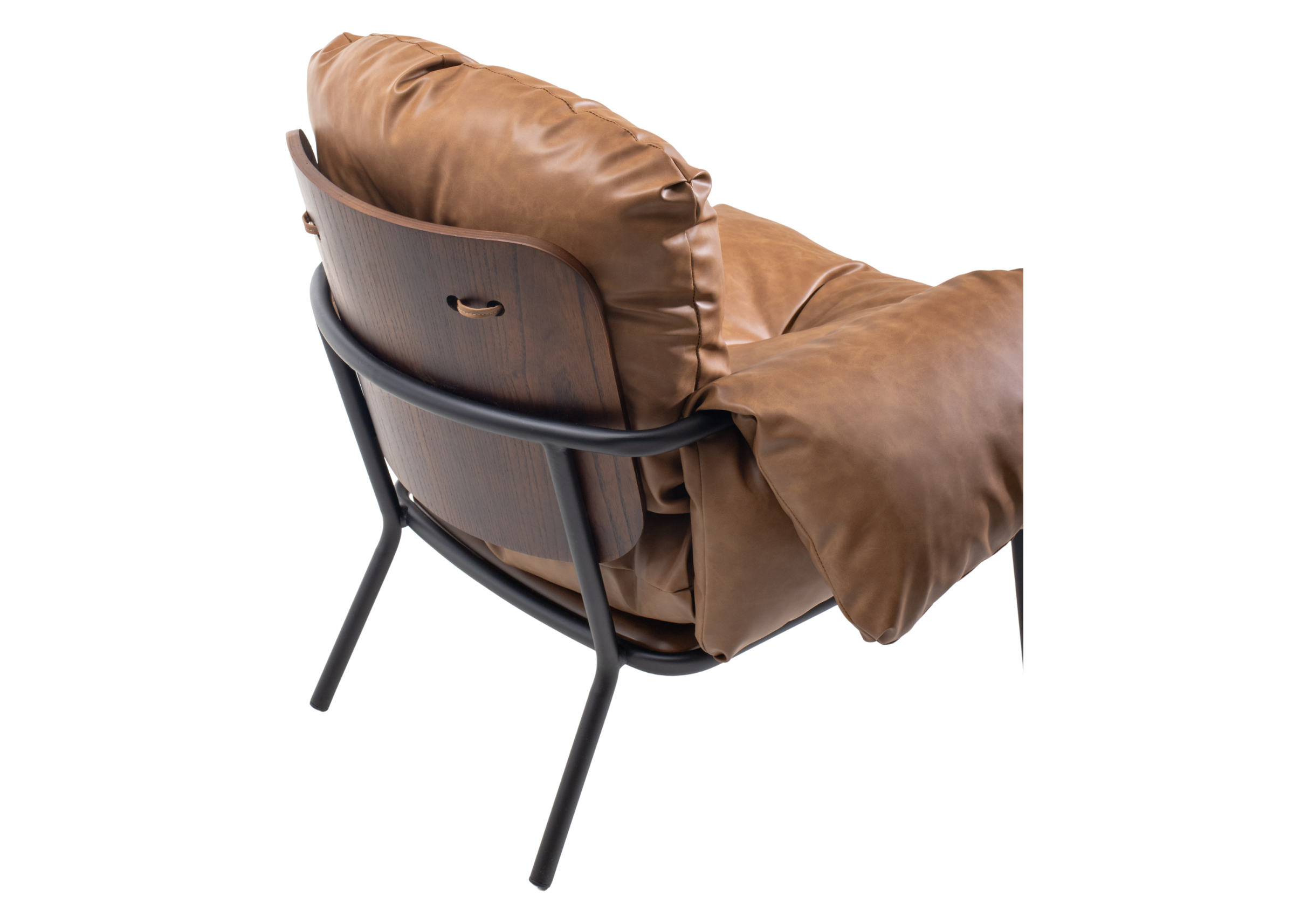 Poltrona fixa estofada para sala de estar, com detalhe em madeira e base em aço carbono, design contemporâneo e confortável.