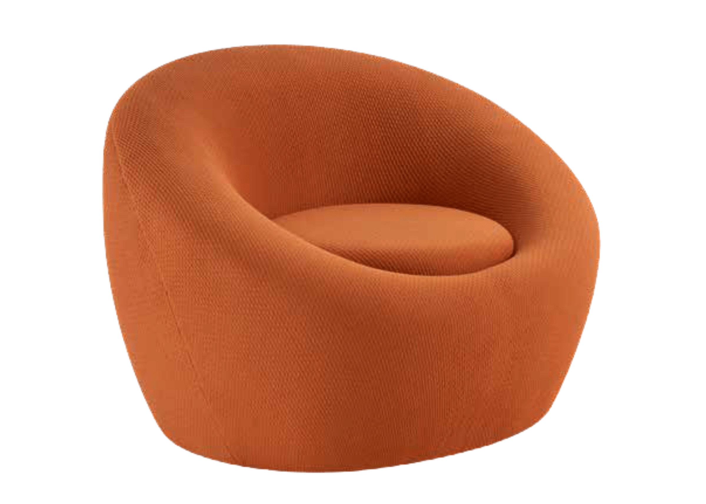 Poltrona fixa Harmonia com design redondo em tecido laranja, para sala de estar. Móvel contemporâneo e acolhedor para composições sofisticadas.