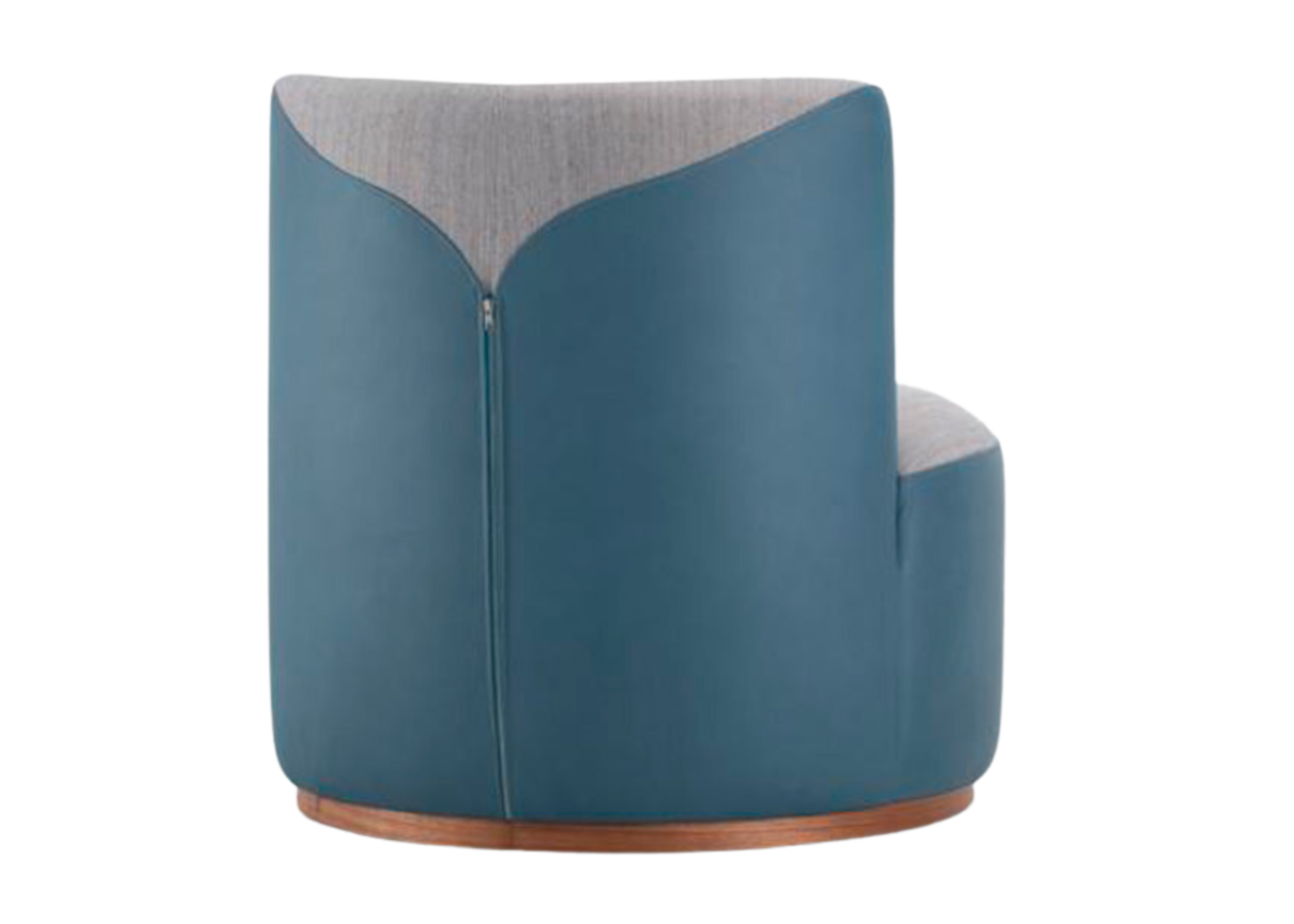 Poltrona giratória com base em madeira e estofado em linho cinza, modelo Lovely, ideal para salas de estar sofisticadas e confortáveis.