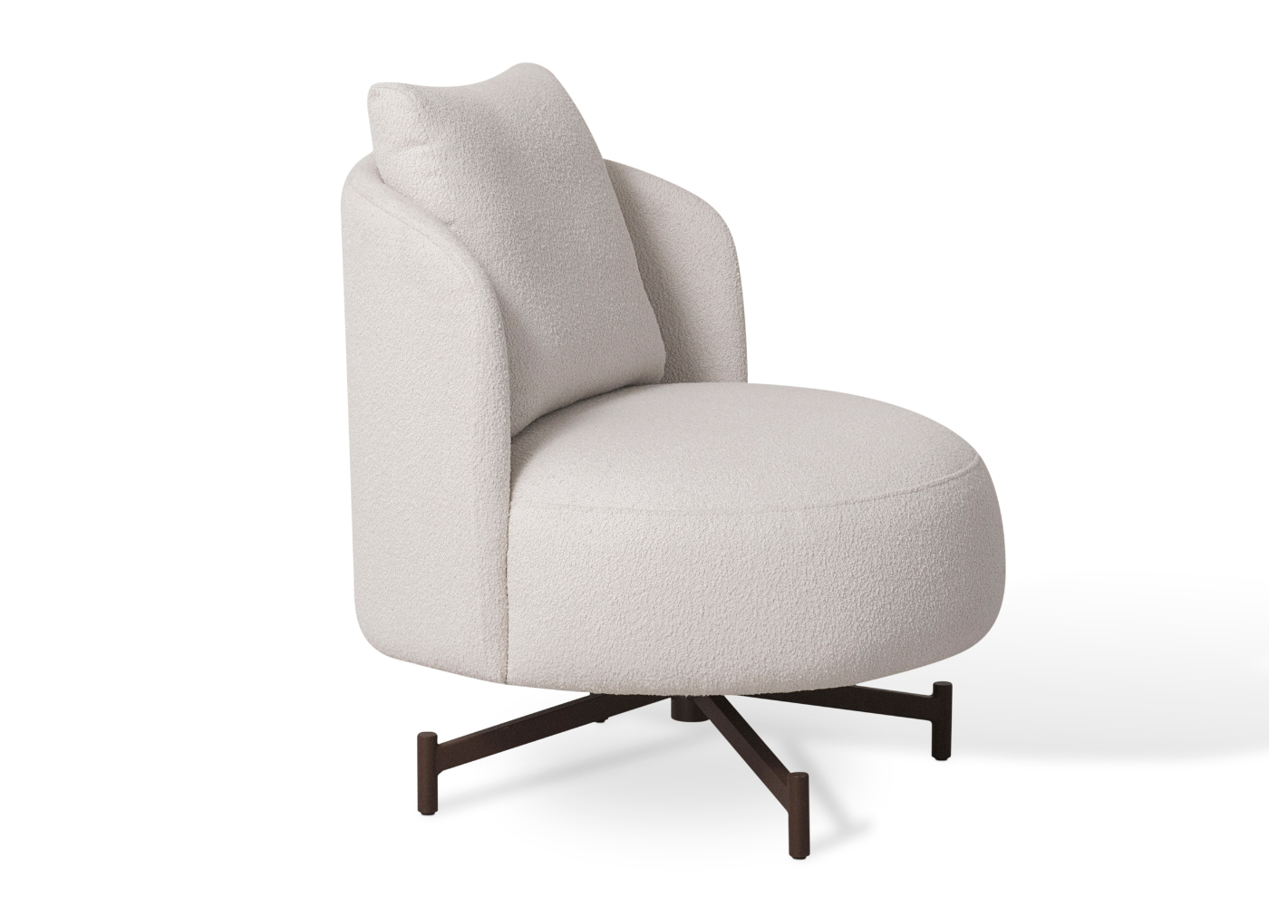 Poltrona Giratória Amélia com design redondo e estofado claro, base em aço carbono e encosto curvo. Ideal para salas de estar modernas e projetos de interiores sofisticados.
