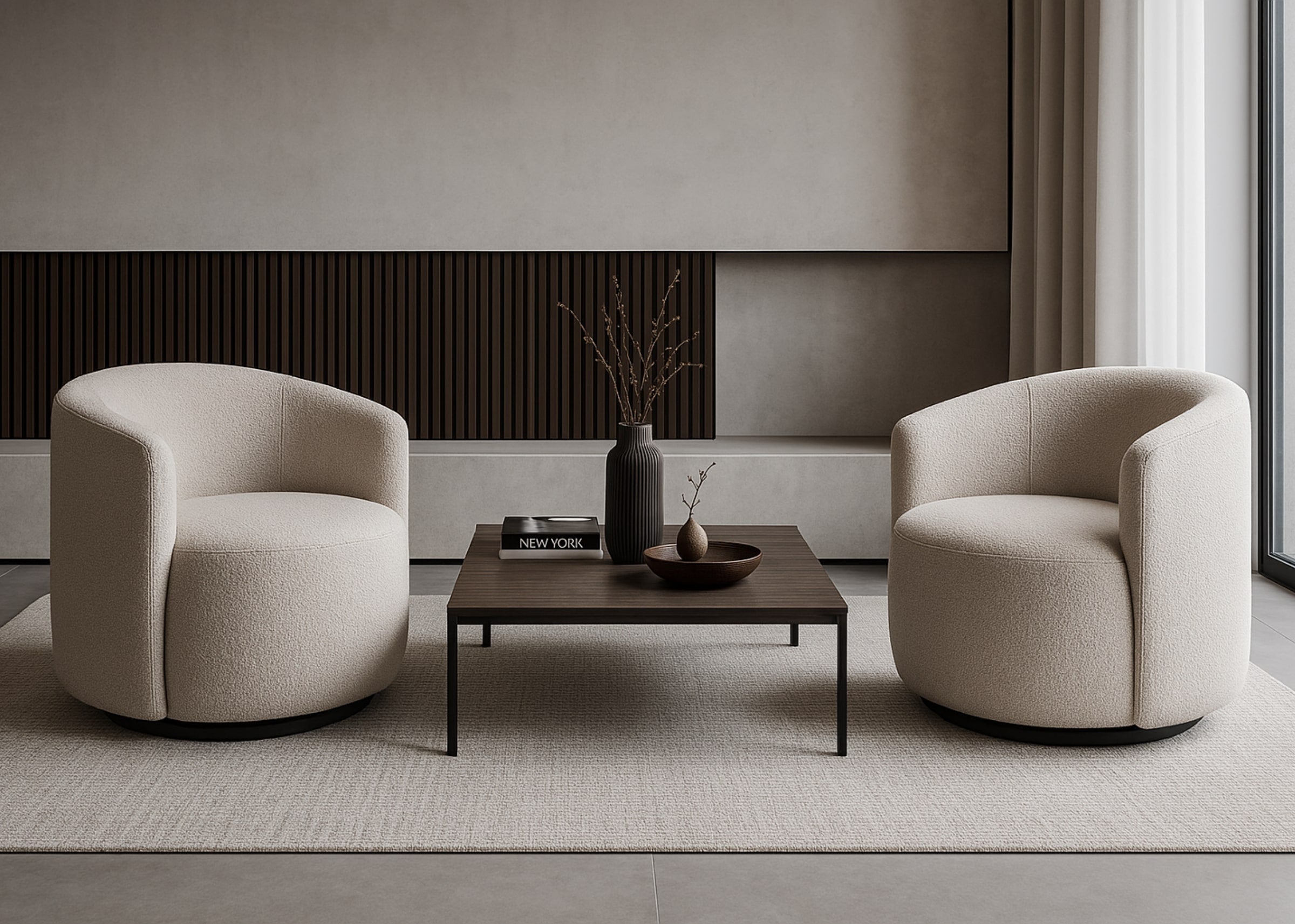 Poltronas giratórias com design contemporâneo em boucle claro, compondo sala de estar sofisticada com mesa de centro minimalista.