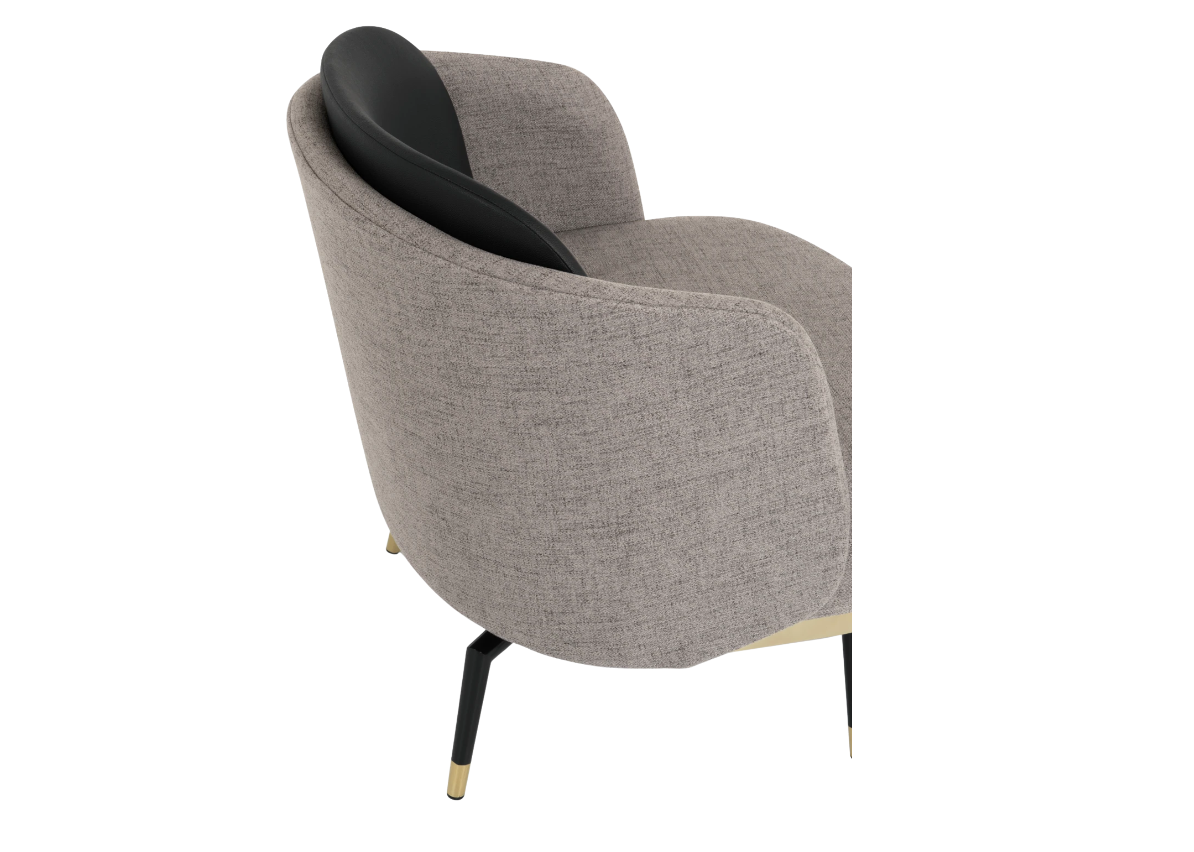 Poltrona giratória com detalhes no encosto e revestimento em couríssimo cinza, oferecendo elegância, conforto e design contemporâneo.